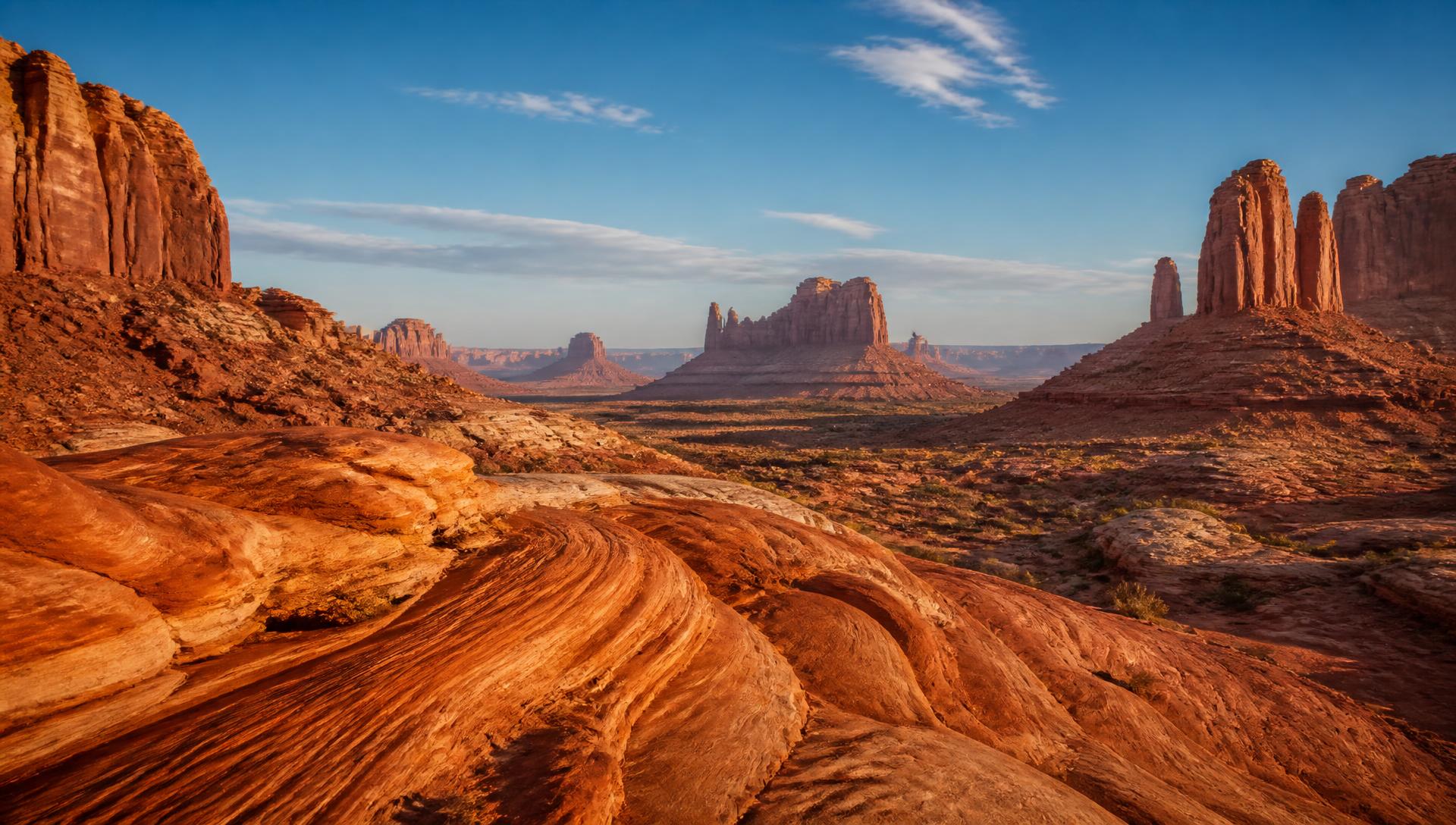 Red-rock canyon landscape in the American Southwest under a wide blue sky