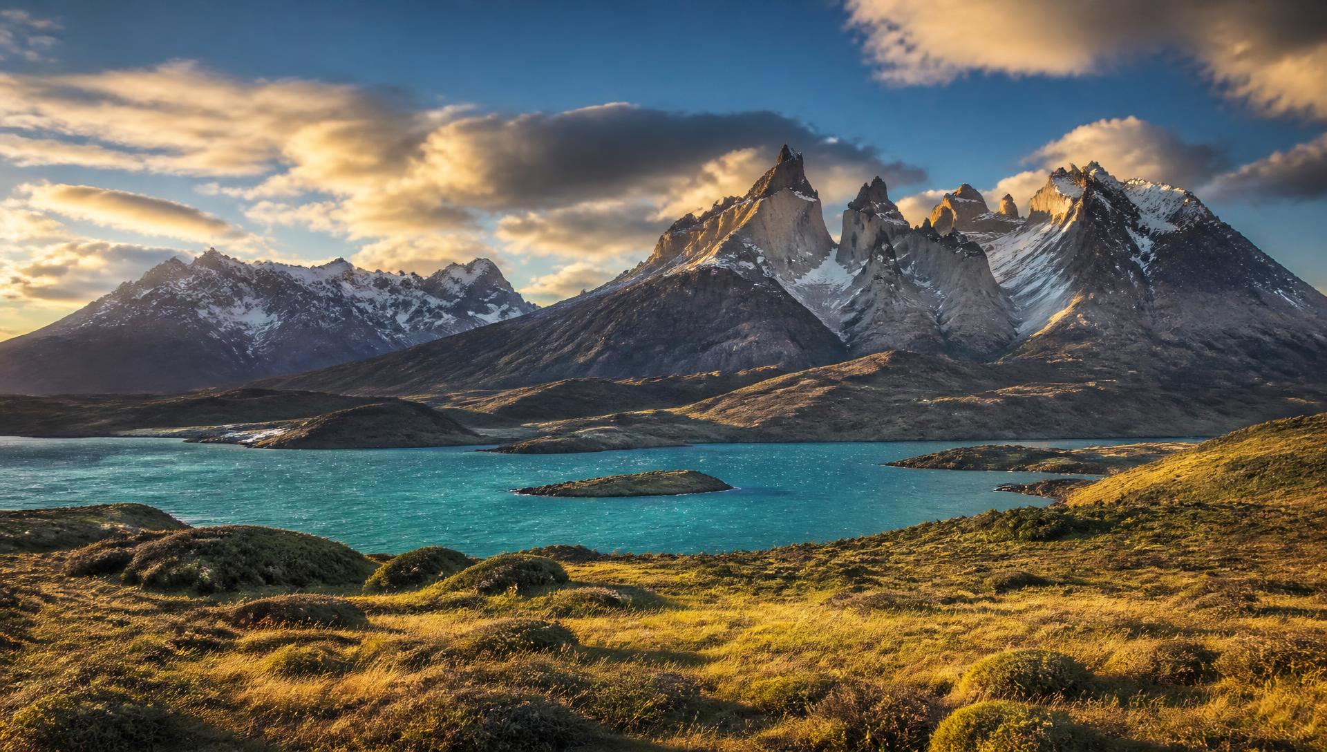 Granite spires of Torres del Paine rising above a turquoise glacial lake in Patagonia
