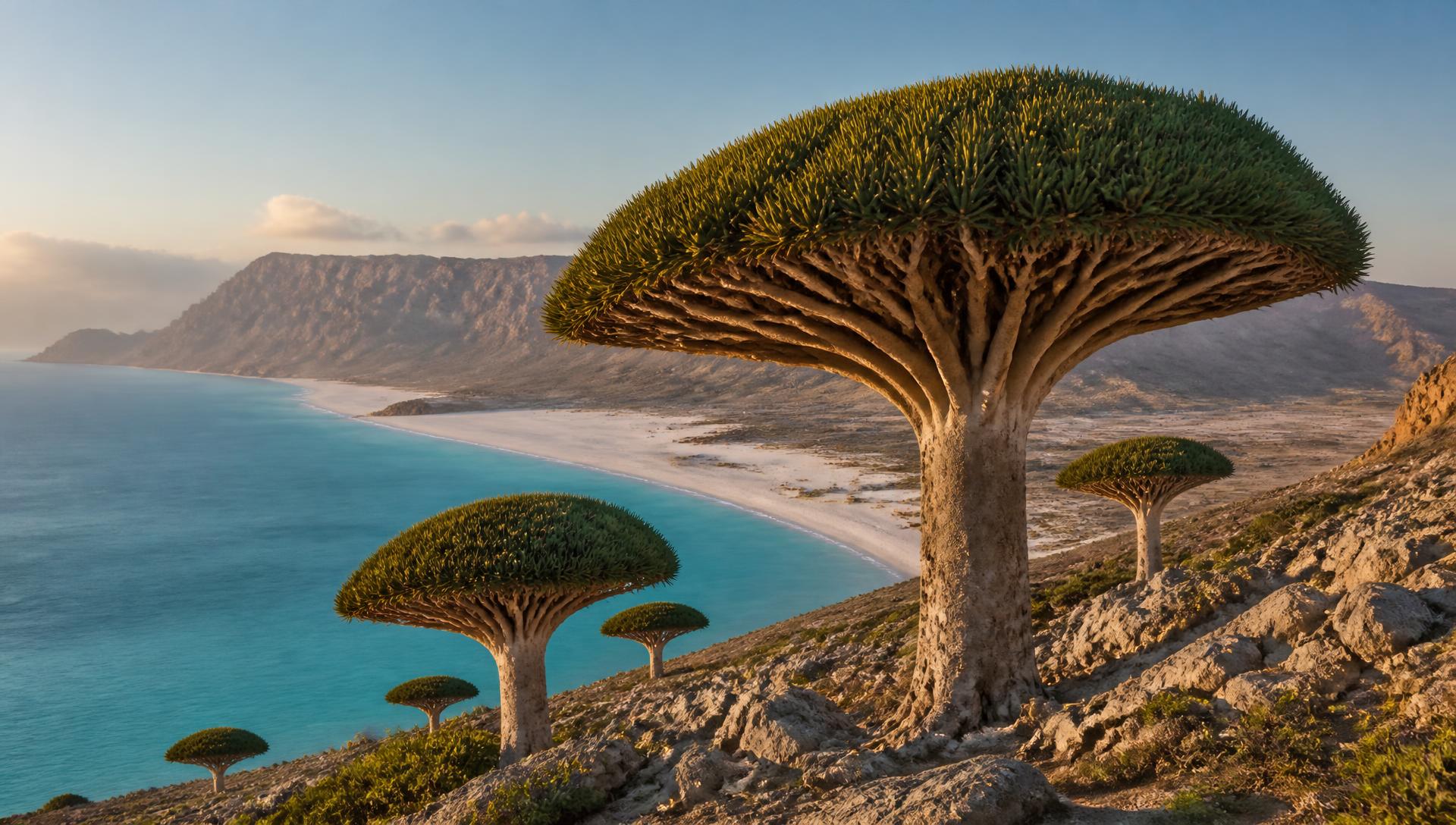 Otherworldly dragon's blood trees on a rocky plateau above white beaches on Socotra