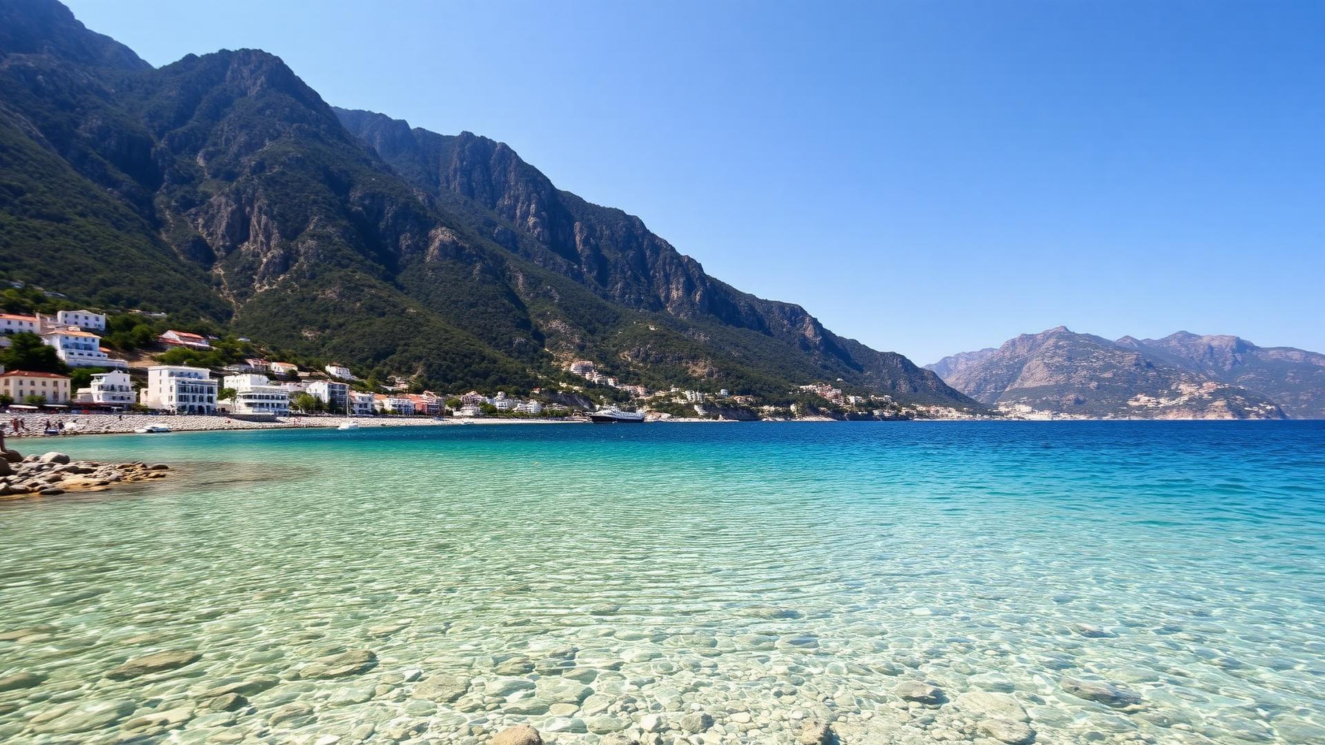 Turquoise cove on the Albanian Riviera with steep green mountains behind the beach