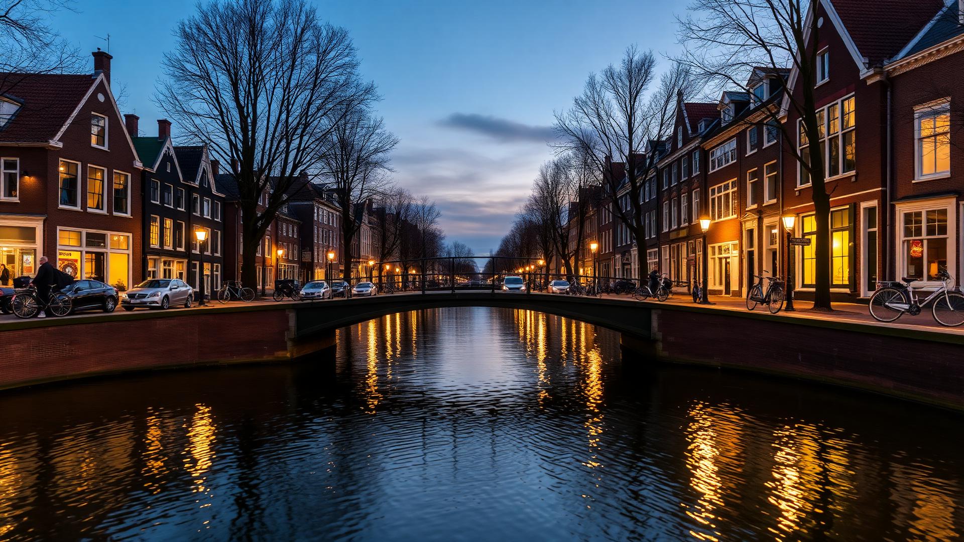 An Amsterdam canal at dusk with gabled houses, bicycles and warm lights reflecting in the water
