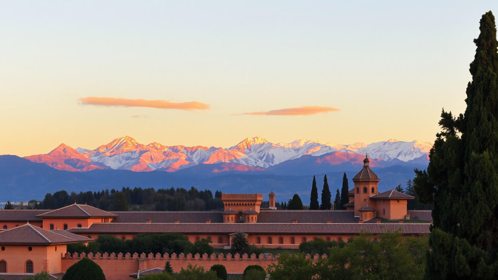 The Alhambra palace in Granada glowing at sunset with the snow-capped Sierra Nevada behind
