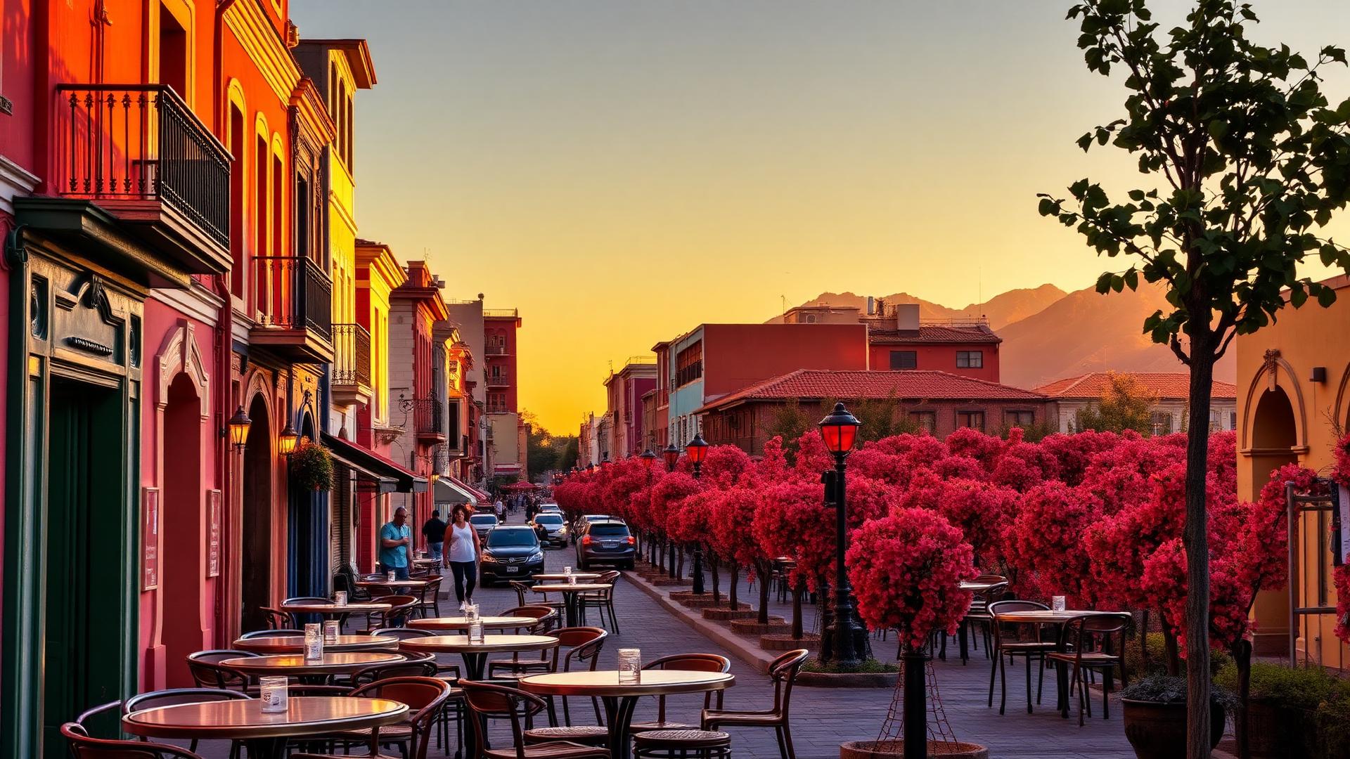 Colourful street with cafe terraces in Buenos Aires at golden hour with mountains in the distance