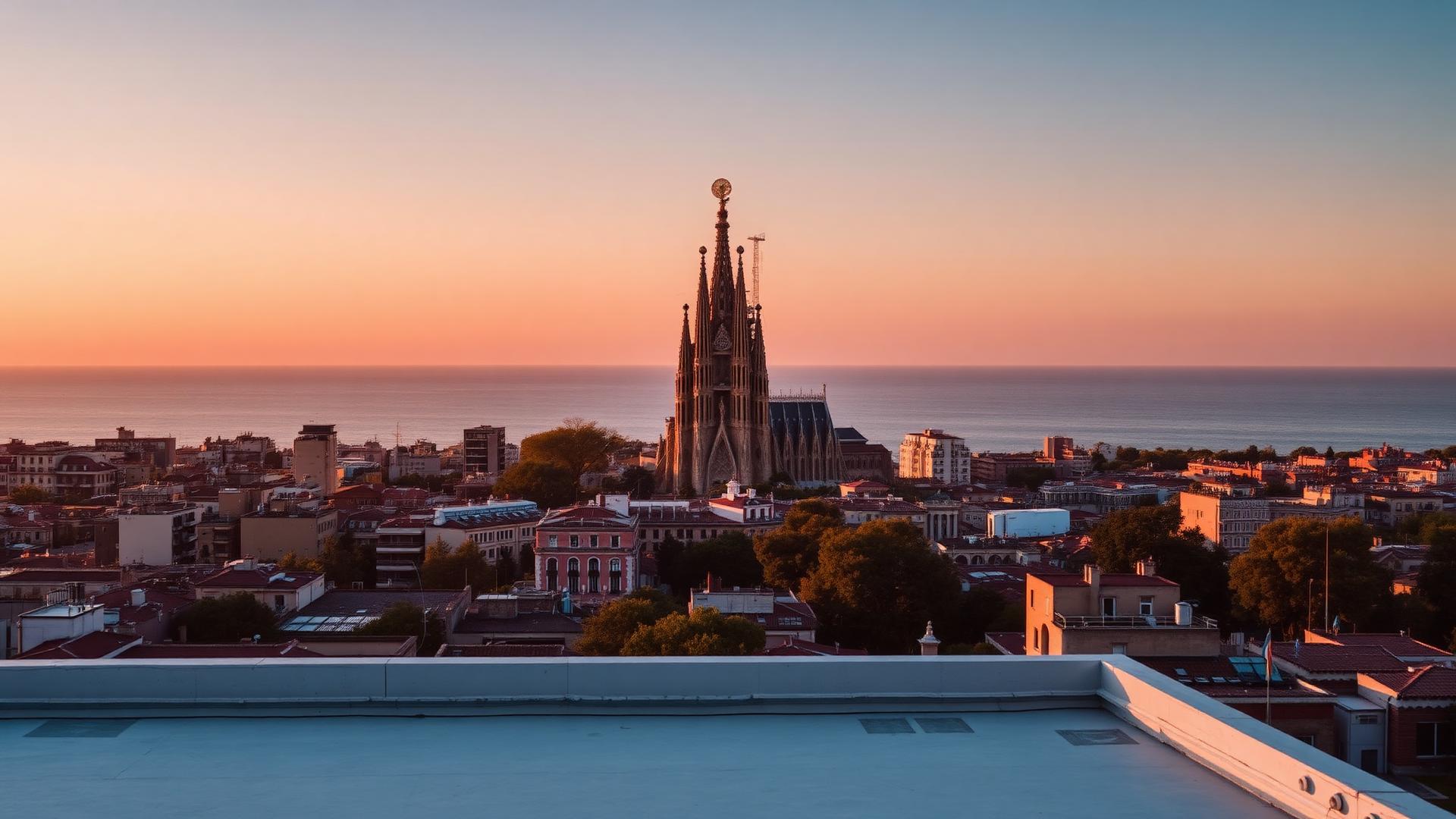 The Sagrada Família rising above Barcelona's rooftops at sunset with the Mediterranean on the horizon