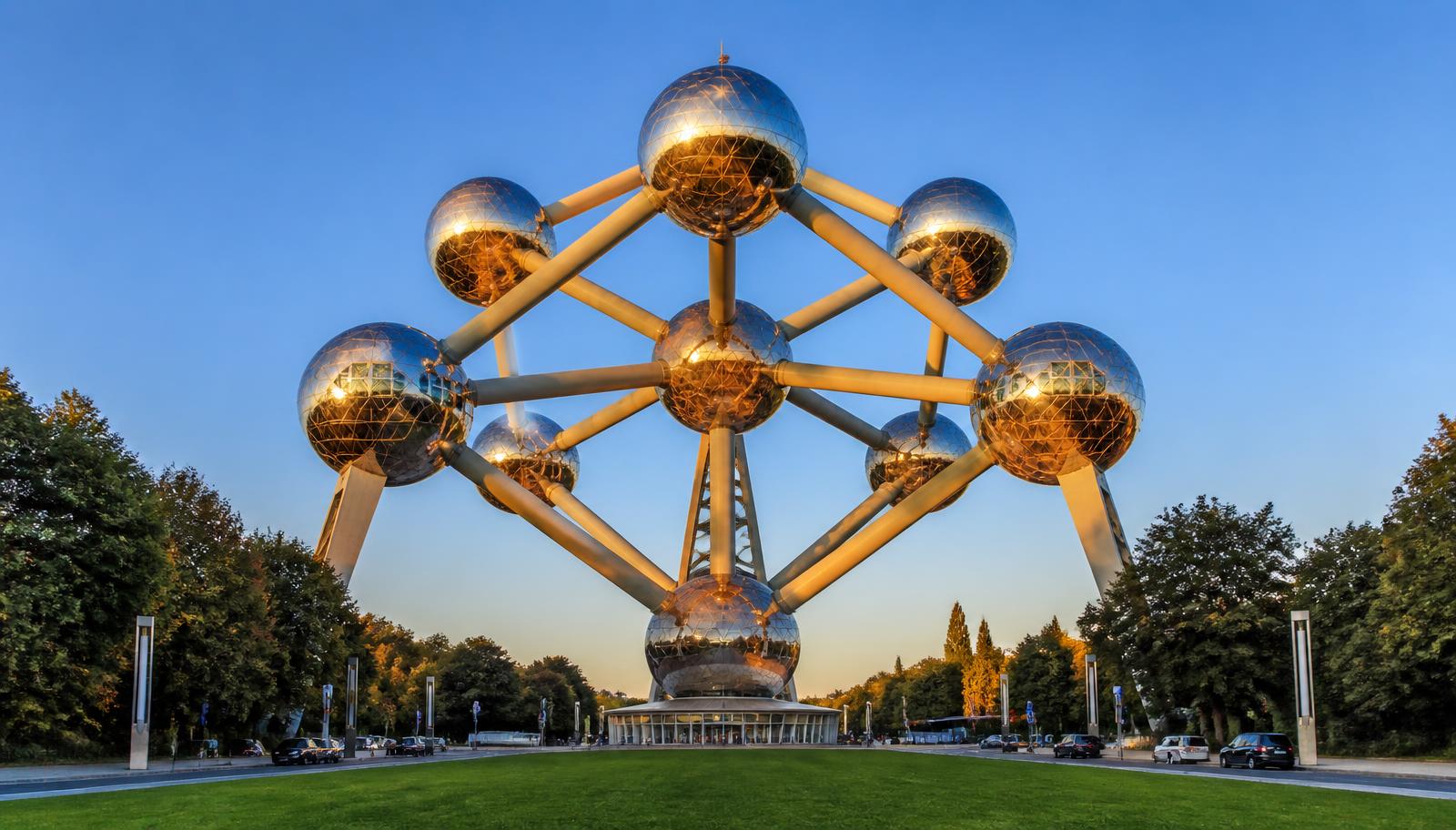 The Atomium's mirrored steel spheres in Brussels glowing at golden hour