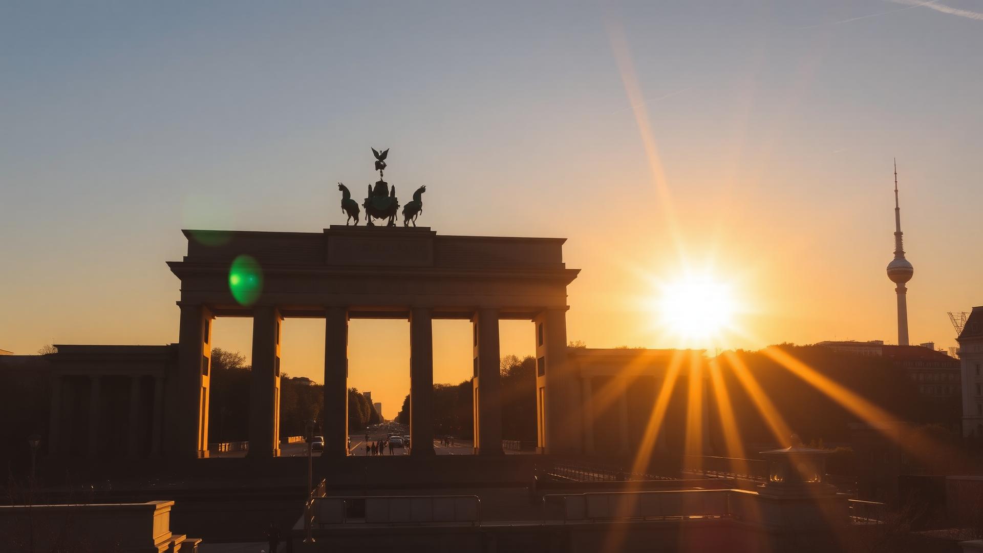 The Brandenburg Gate silhouetted at sunset with the Berlin TV Tower in the distance