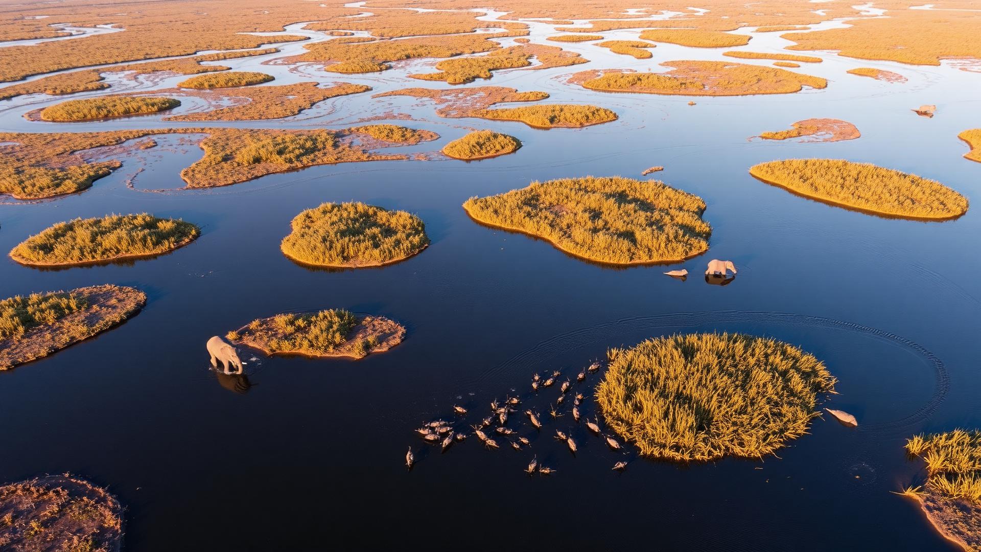 Aerial view of the Okavango Delta channels, islands and elephants at golden hour
