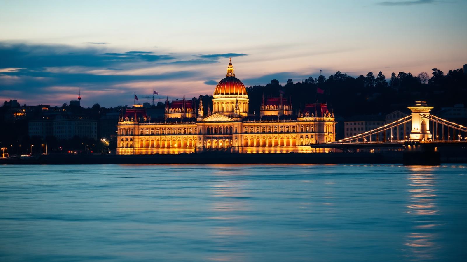 The Hungarian Parliament building lit gold on the Danube at dusk with the Chain Bridge beyond
