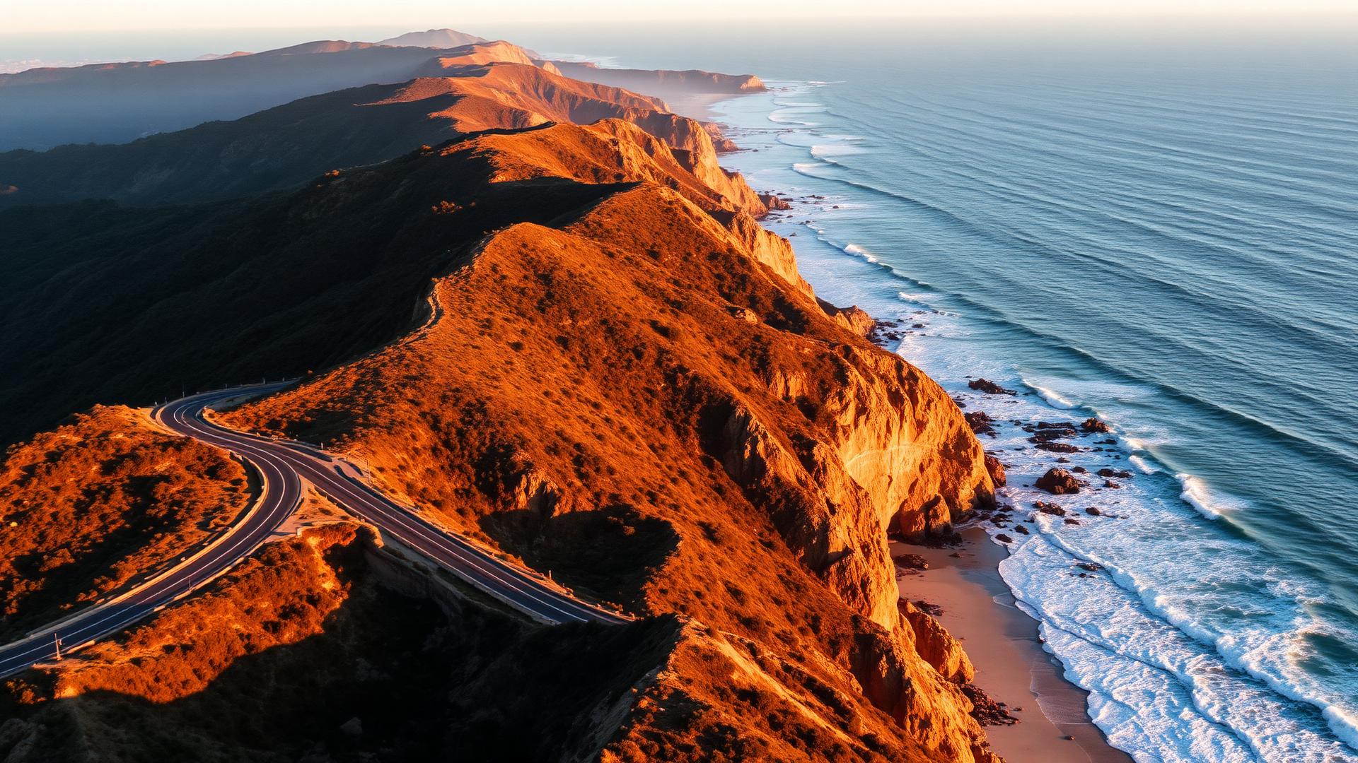 Highway One winding along golden Big Sur cliffs above the Pacific at sunset