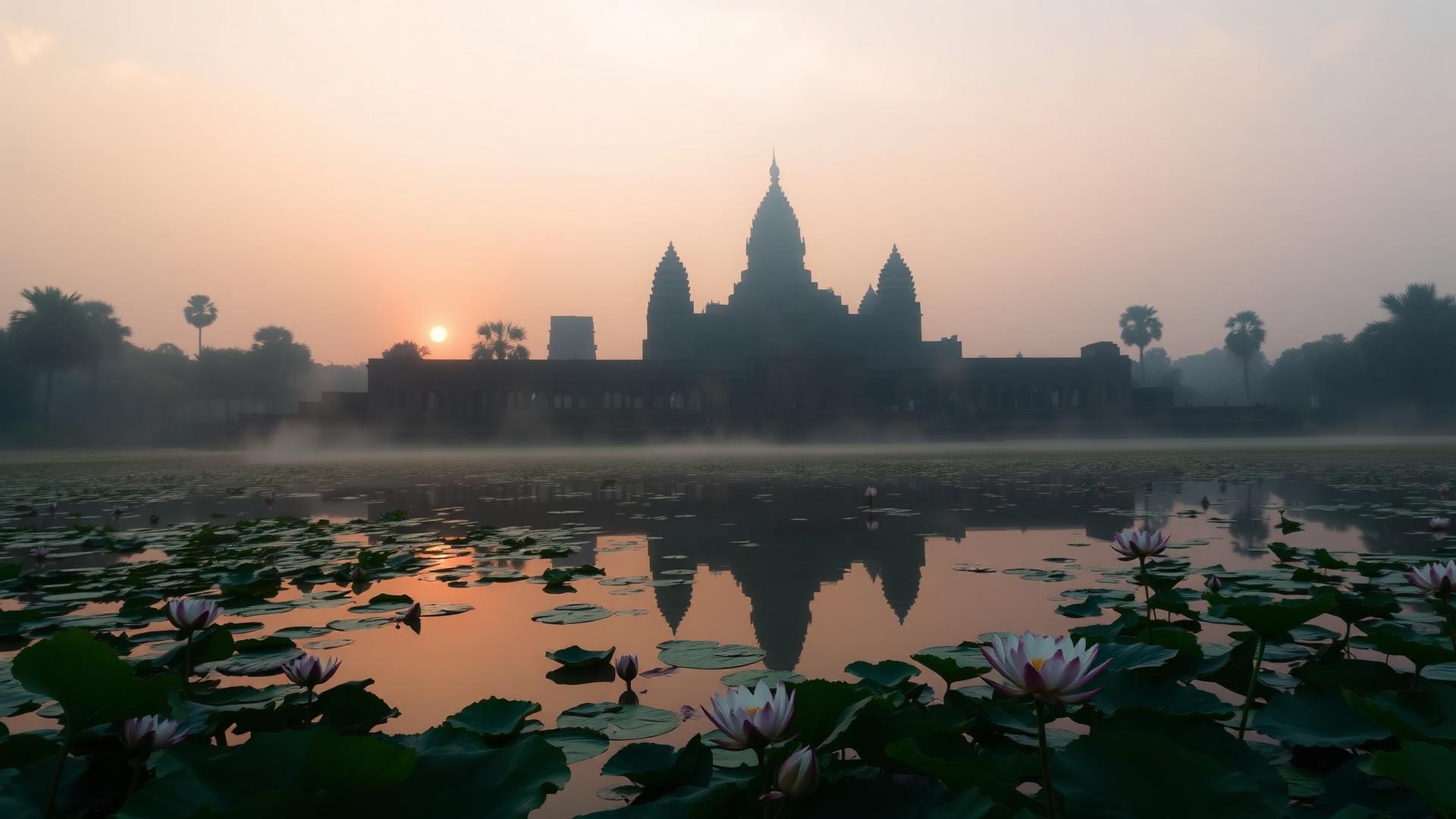 Angkor Wat silhouetted at sunrise above a lotus-covered reflecting pool