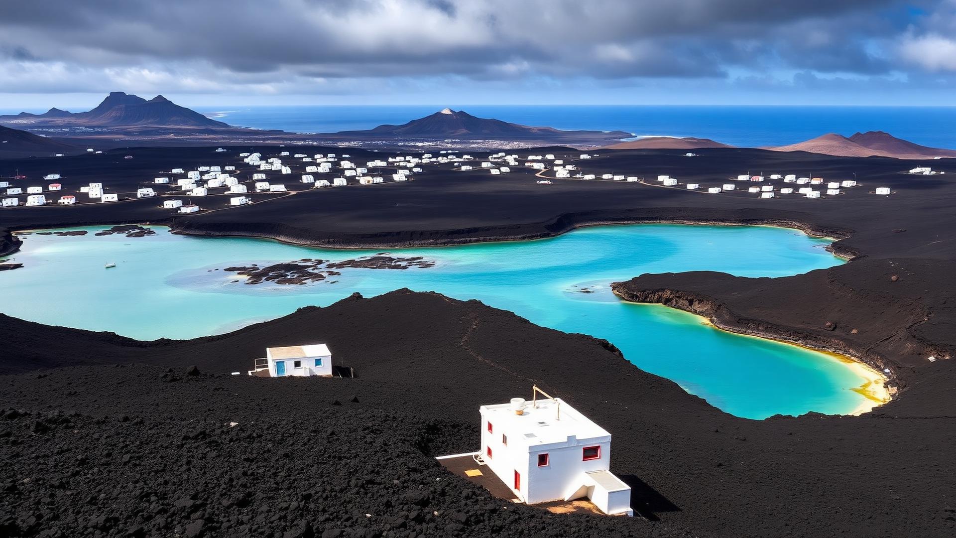 Black volcanic lava fields meeting a turquoise Atlantic bay with white cubic houses in Lanzarote