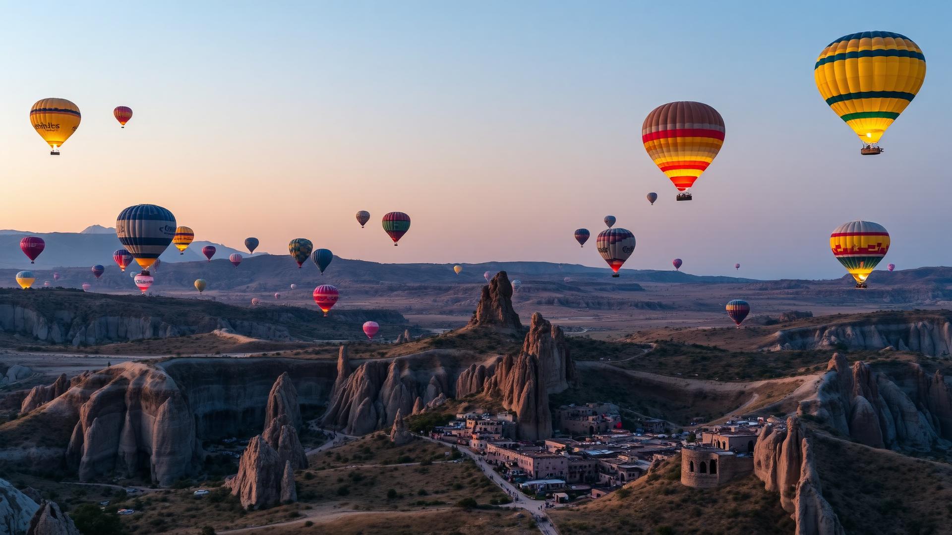 Hot-air balloons drifting over Cappadocia's fairy chimney rock formations at dawn