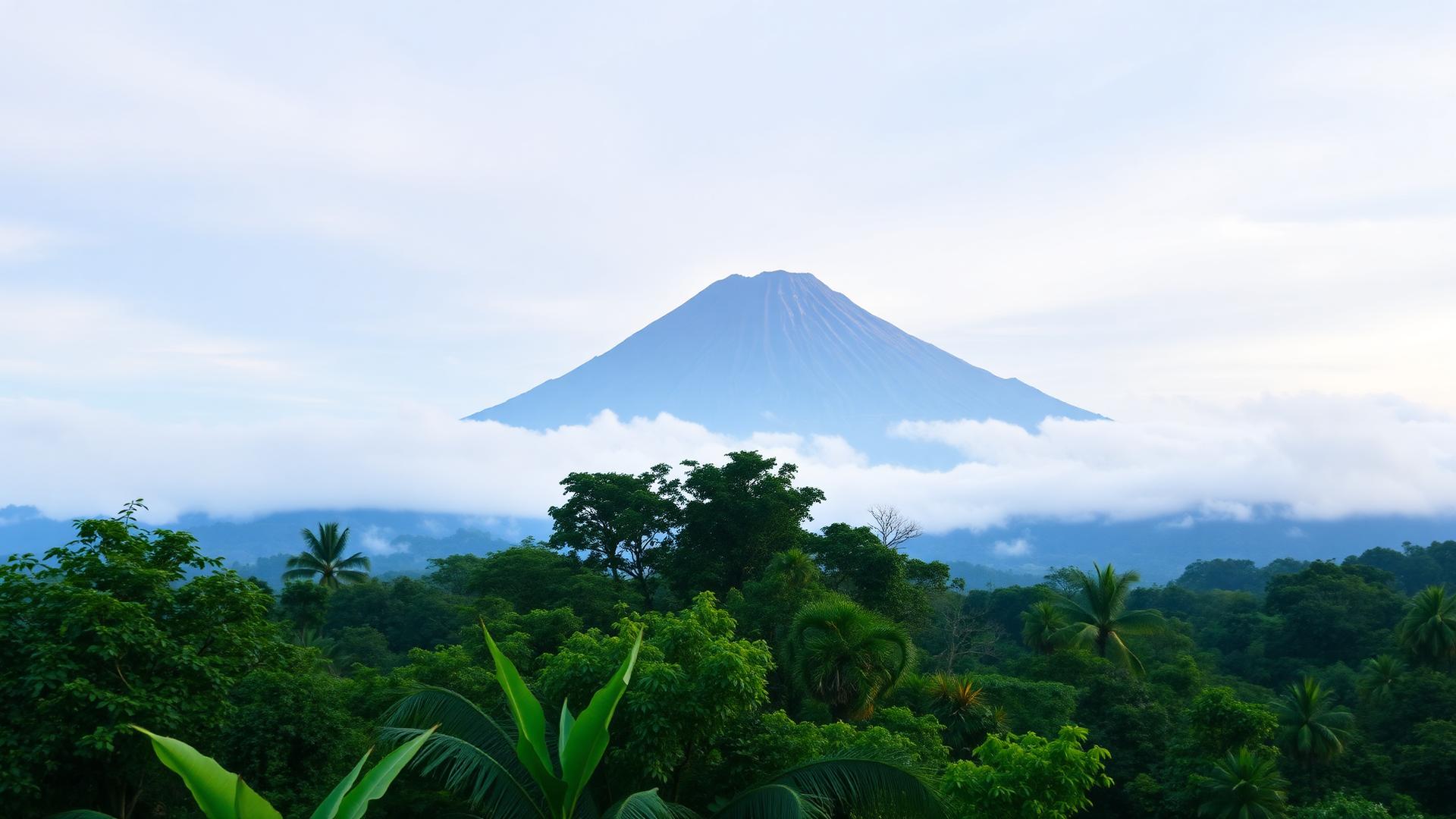 Volcano rising above misty rainforest canopy in Costa Rica at dawn