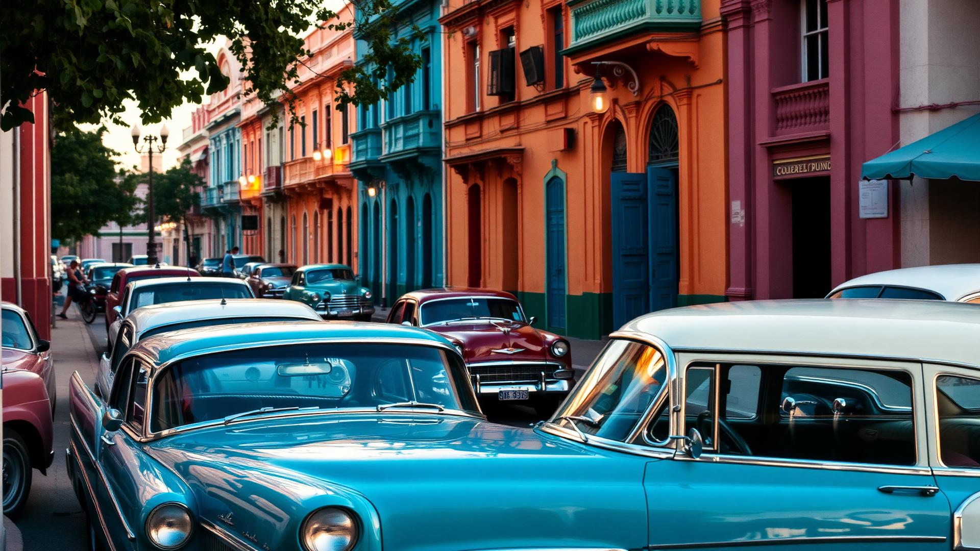 Pastel colonial facades and vintage 1950s American cars lining a Havana street at dusk