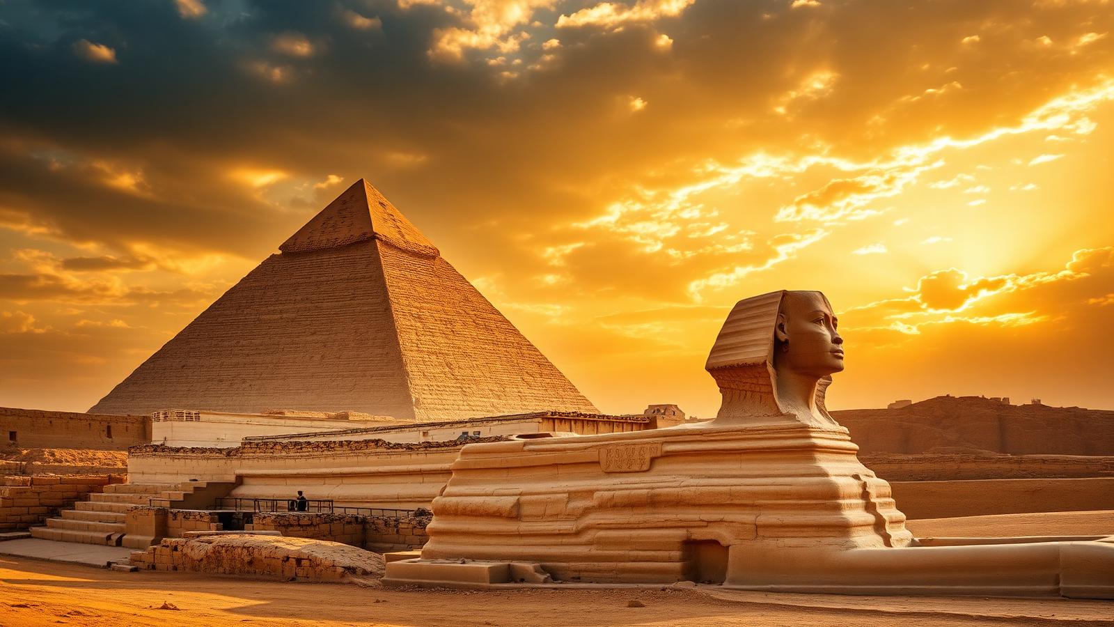The Great Pyramid of Giza and the Sphinx lit by golden late-afternoon light