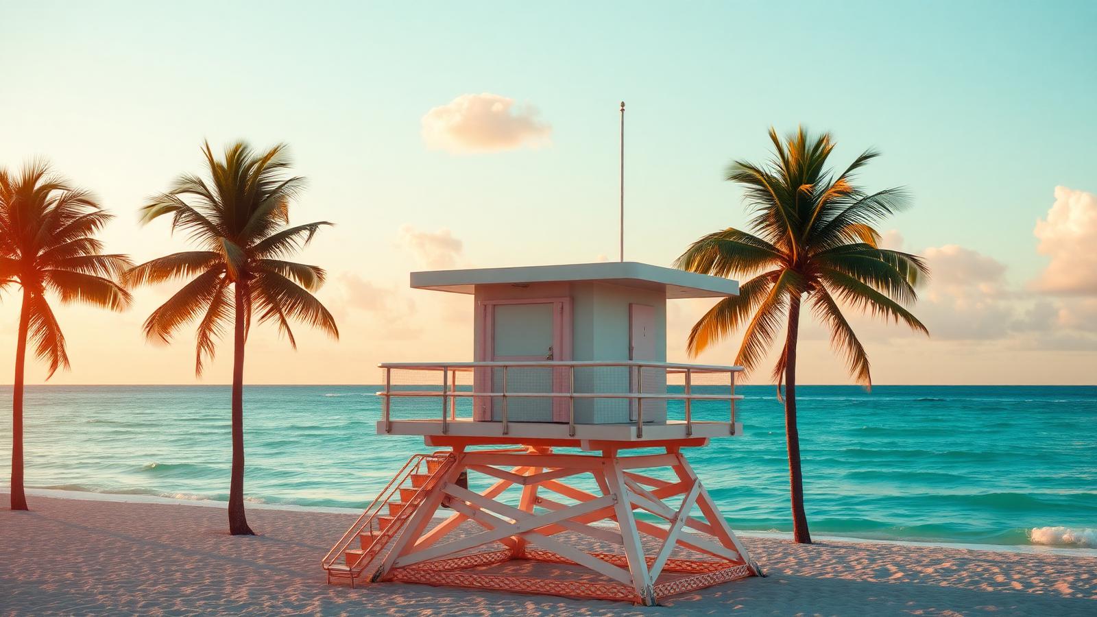 A pastel Art Deco lifeguard tower on Miami's South Beach with palms and turquoise water at sunrise