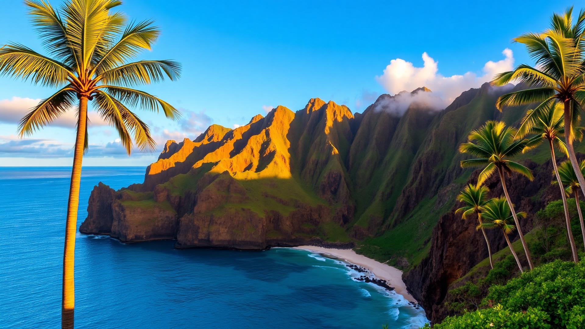 Lush green volcanic cliffs and palm trees above a turquoise bay in Hawaii at sunset