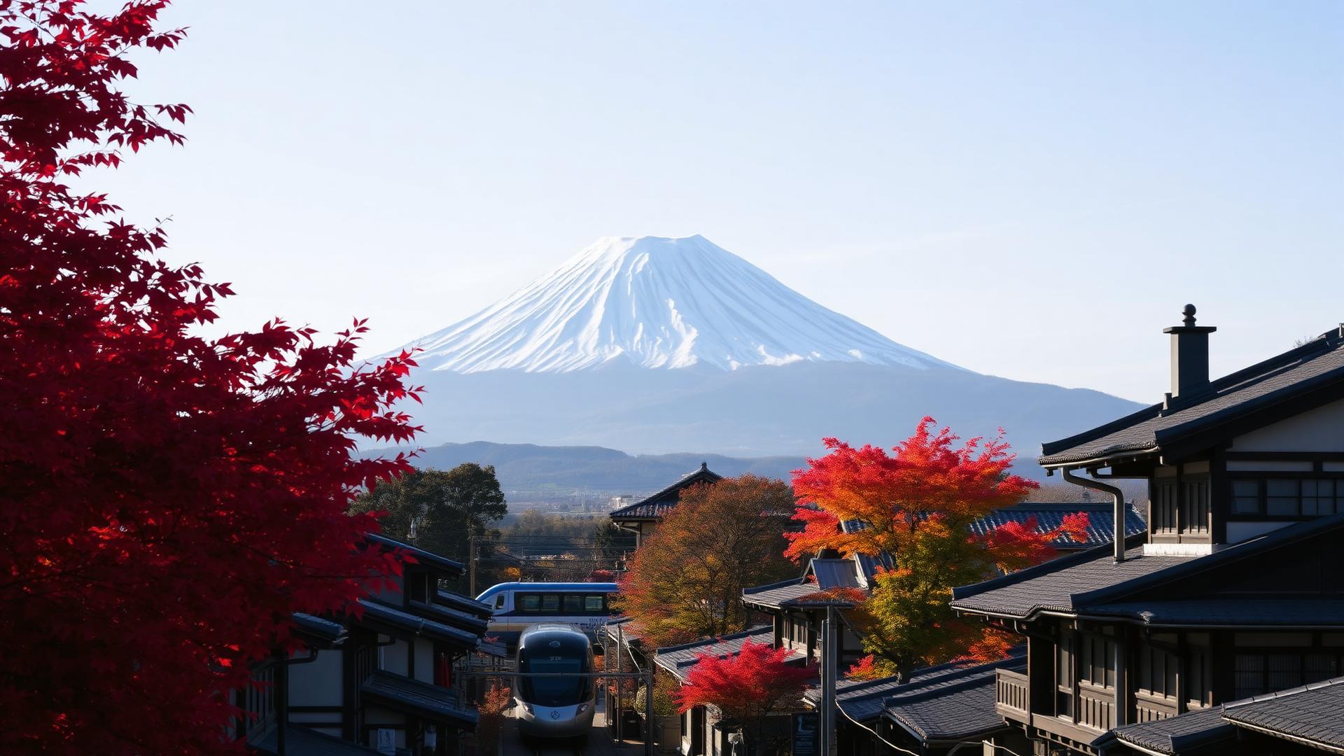 Mount Fuji above a traditional Japanese town framed by red autumn maple leaves