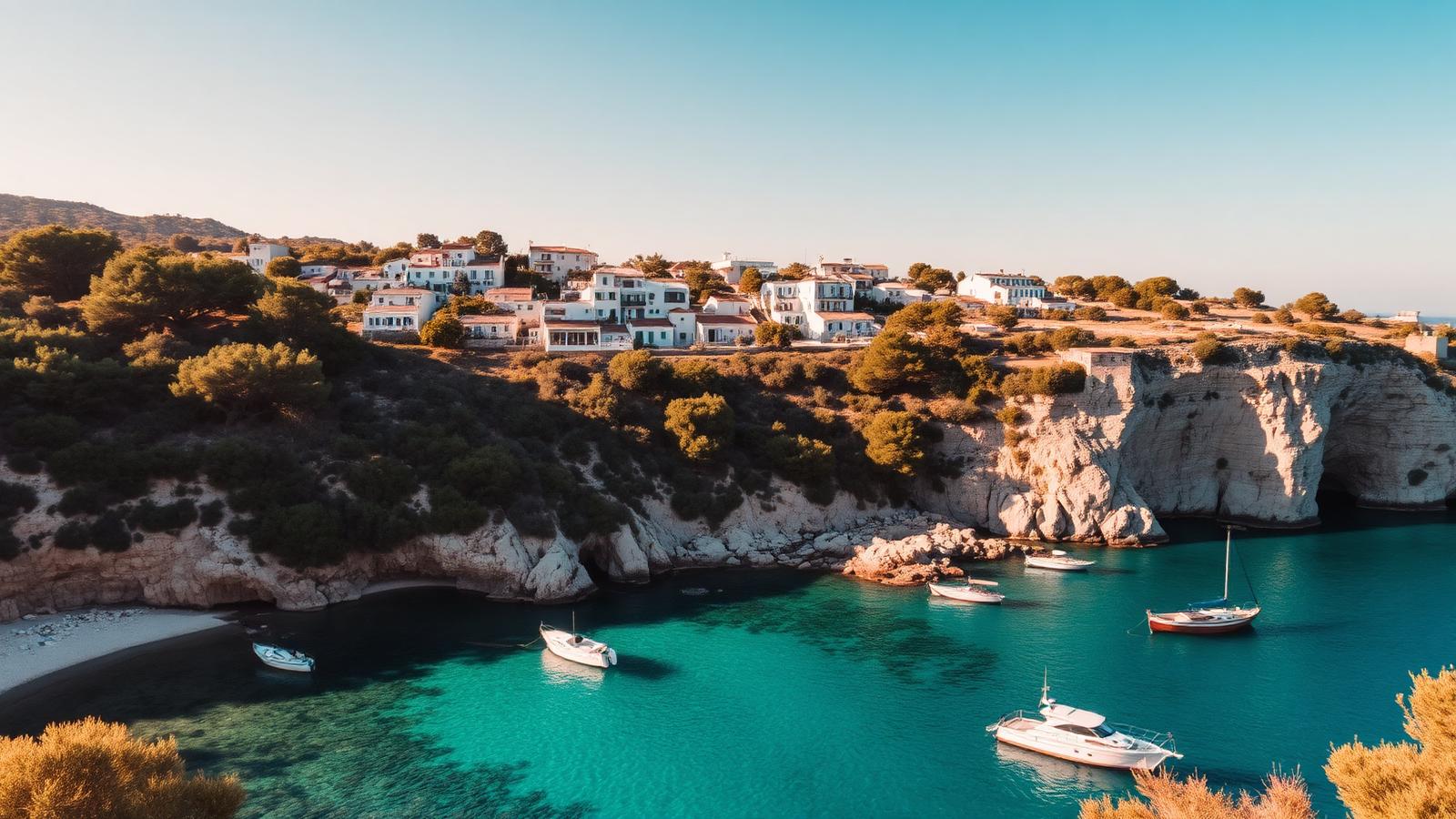 A turquoise Ibizan cove ringed by pine-covered cliffs with small boats anchored in clear water