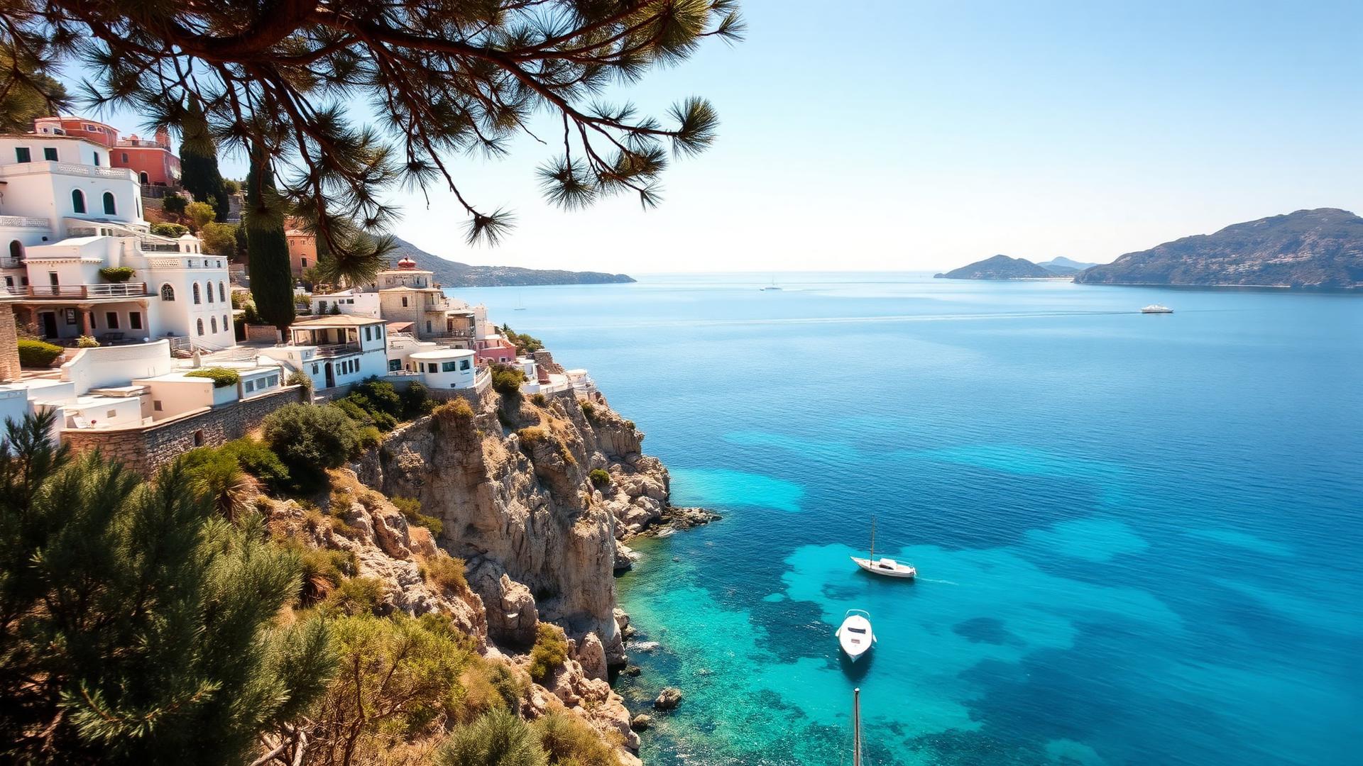 White village on a cliff above turquoise Ionian sea with small boats, Greece