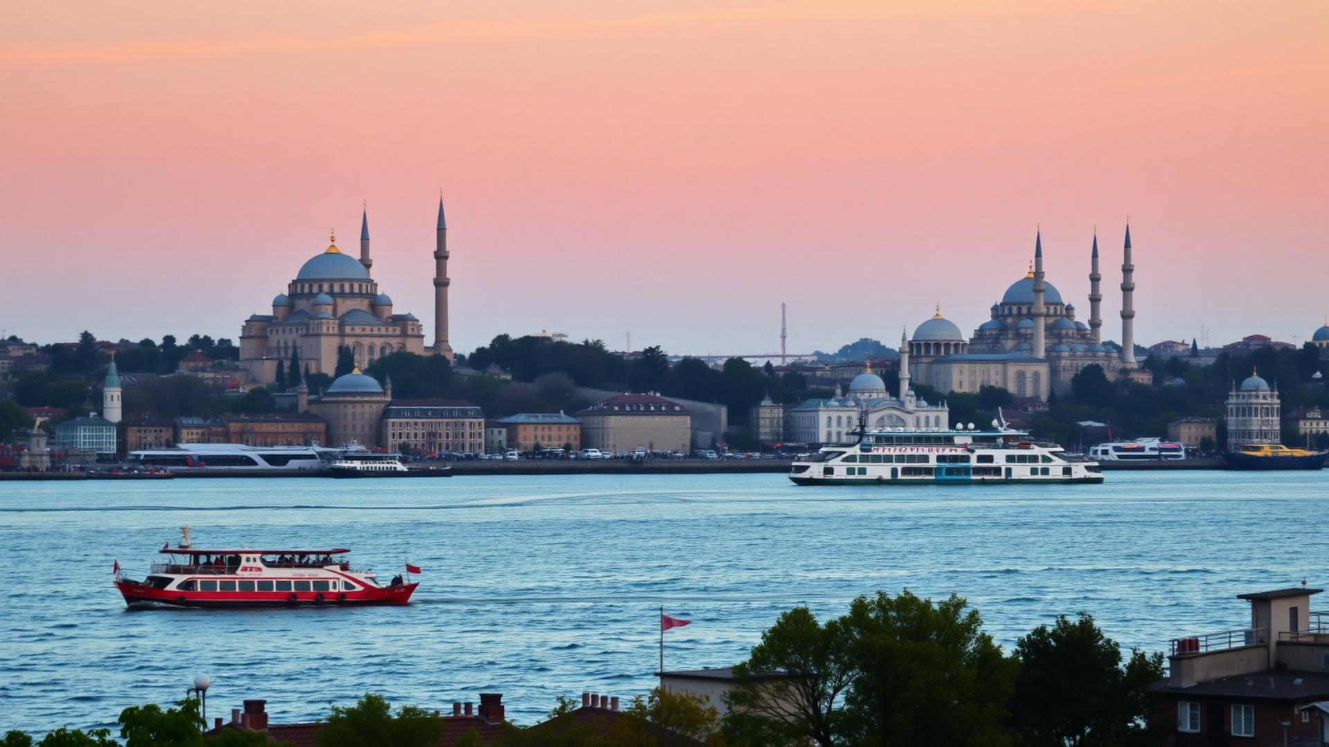 Istanbul's skyline of domes and minarets above the Bosphorus at sunset with ferries crossing