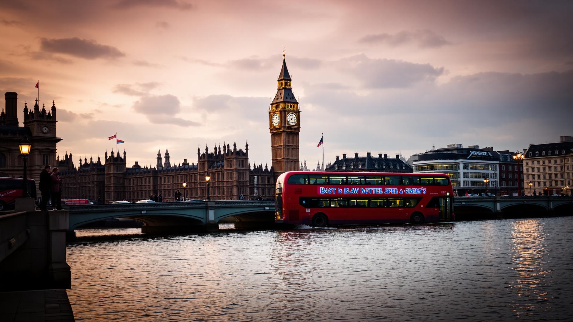 Big Ben and the Houses of Parliament at golden hour with a red double-decker bus crossing Westminster Bridge