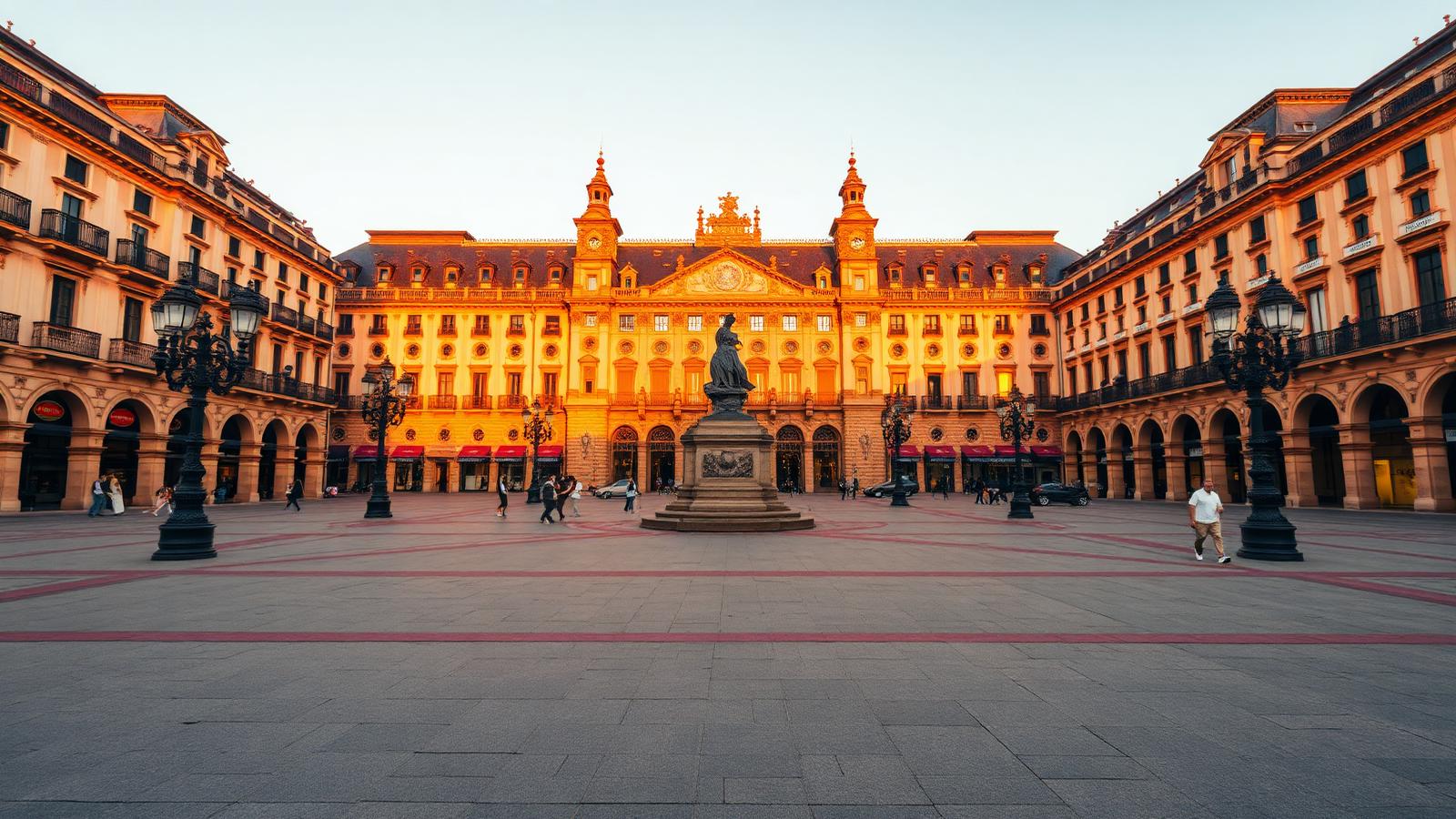 Madrid's grand arcaded plaza and ochre facades glowing at golden hour