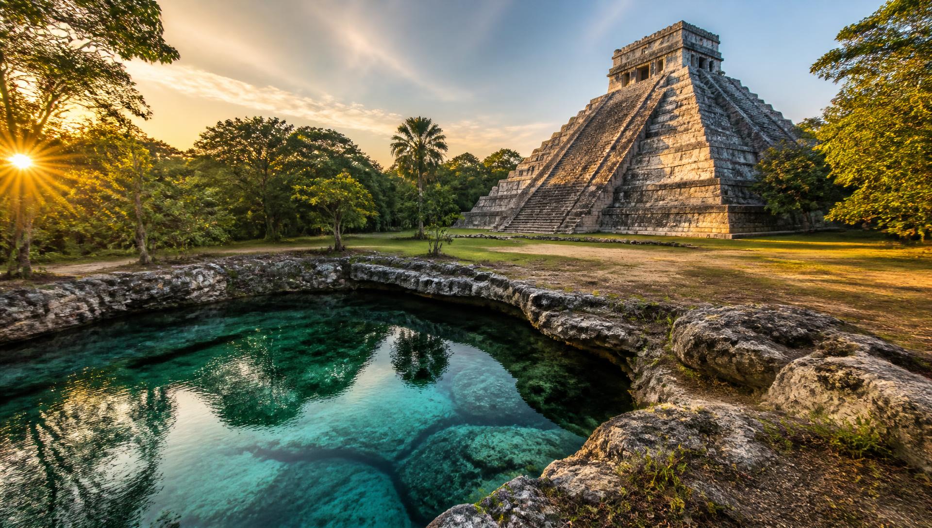 A Mayan stepped pyramid in jungle clearing beside a turquoise cenote at golden hour in the Yucatán