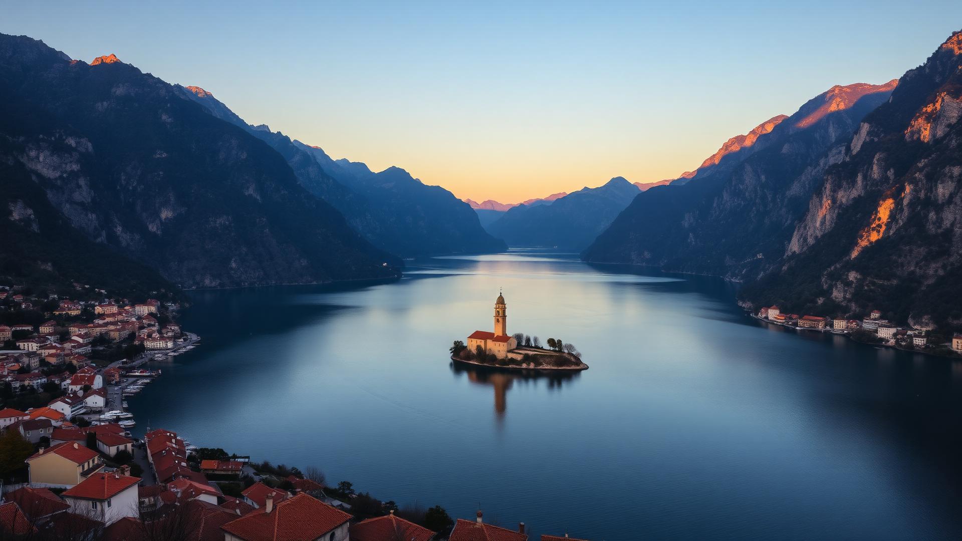 The Bay of Kotor in Montenegro at dusk, ringed by steep mountains with a church islet in the calm water