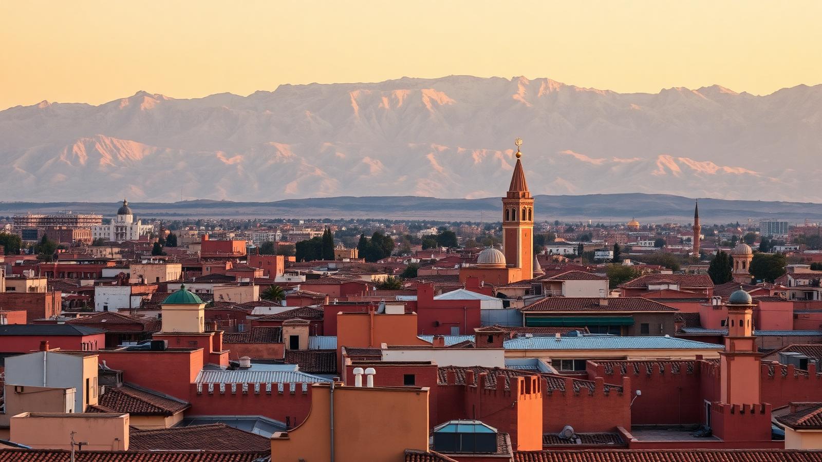 Marrakech rooftops and the Koutoubia minaret with the snow-capped High Atlas mountains behind at golden hour