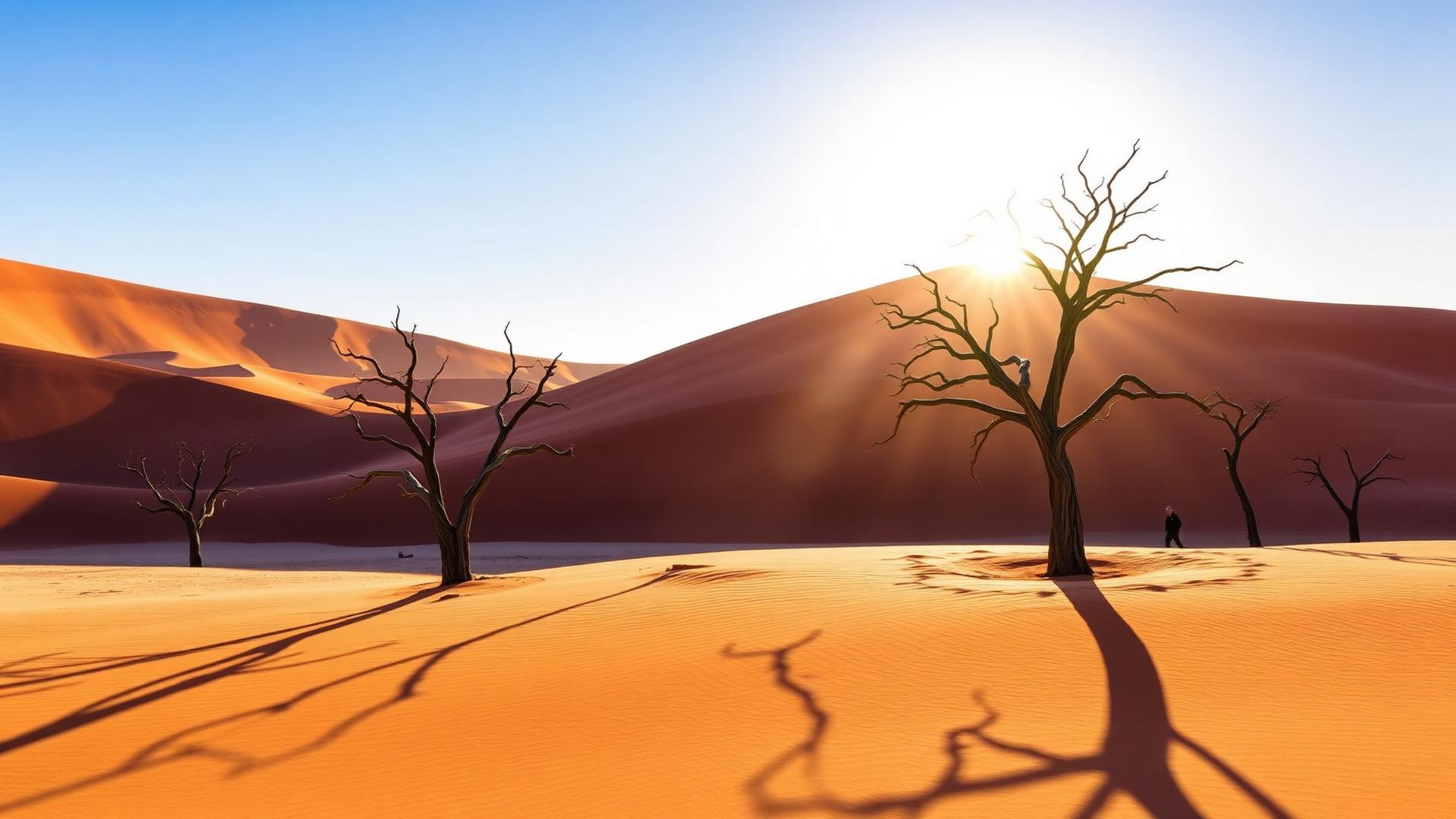 Red sand dunes and dead camelthorn trees at Deadvlei, Namibia, at sunrise