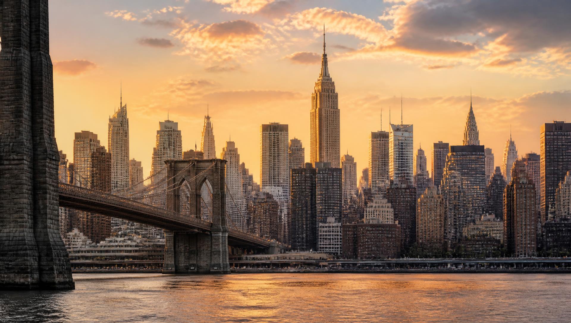 The Manhattan skyline at golden hour seen across the East River with the Brooklyn Bridge and the Empire State Building