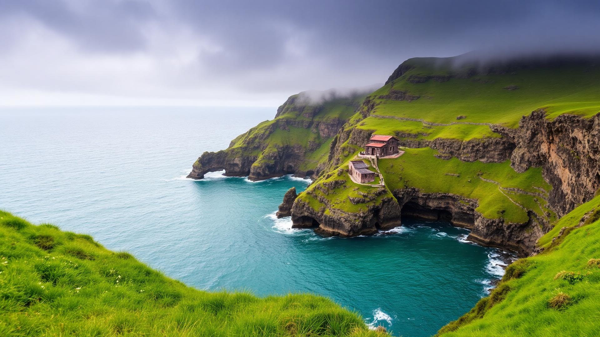 Green cliffs and turquoise Atlantic water on the Basque coast of Northern Spain