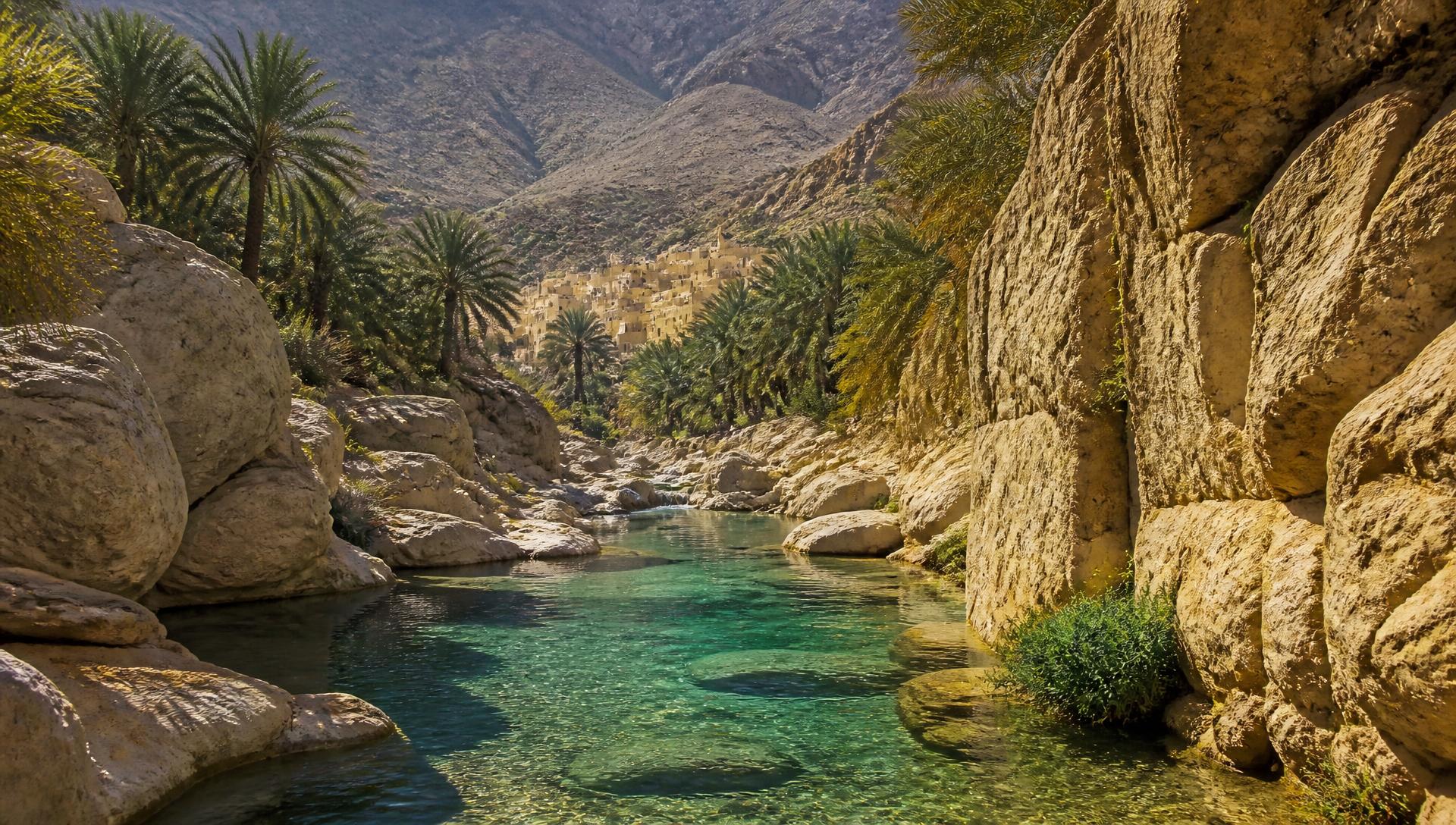 A turquoise wadi pool between limestone canyon walls with date palms in Oman
