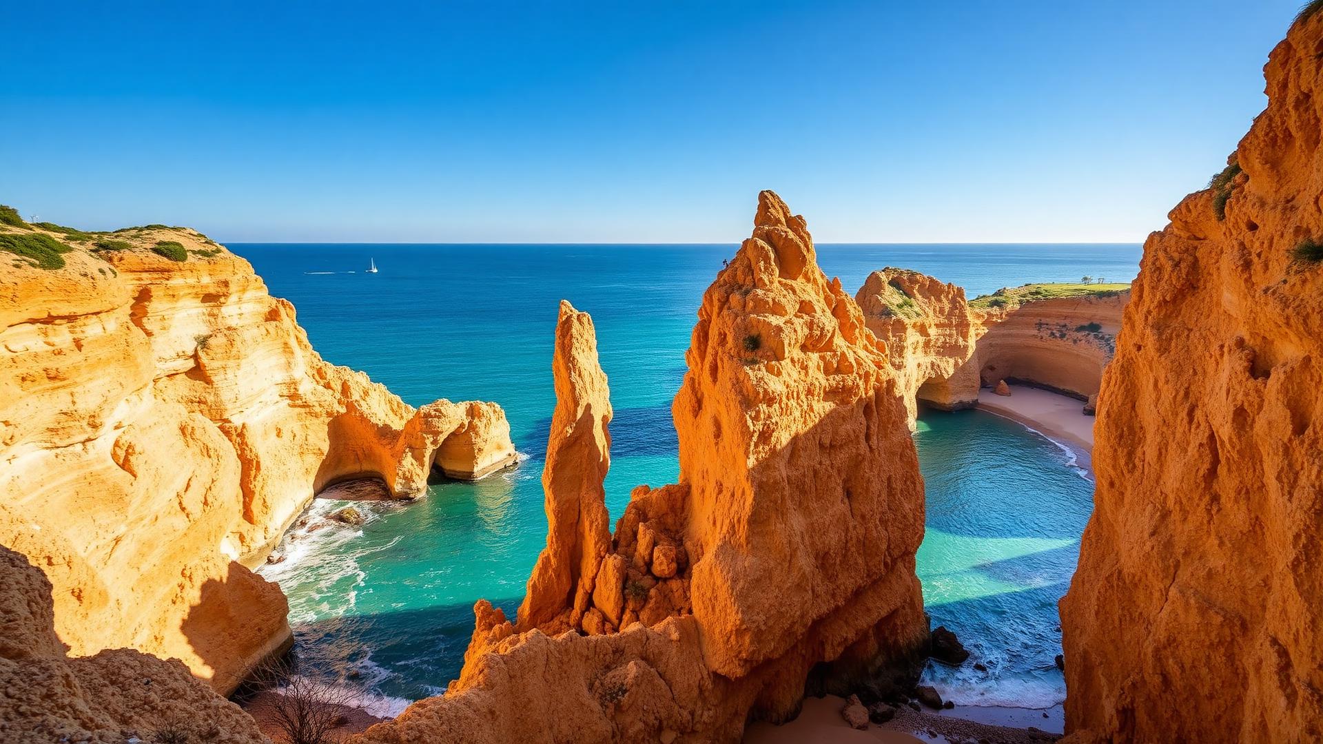 Golden limestone cliffs and sea stacks above a turquoise hidden beach on the Algarve coast