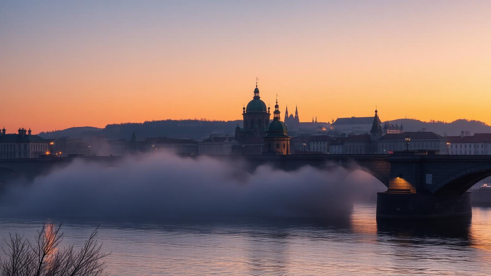 Prague's spires and Charles Bridge above the misty Vltava river at sunrise