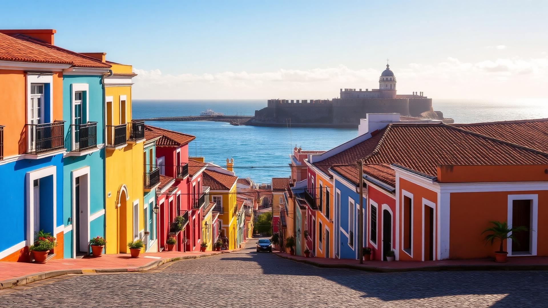Colourful colonial streets of Old San Juan in Puerto Rico sloping down to the sea