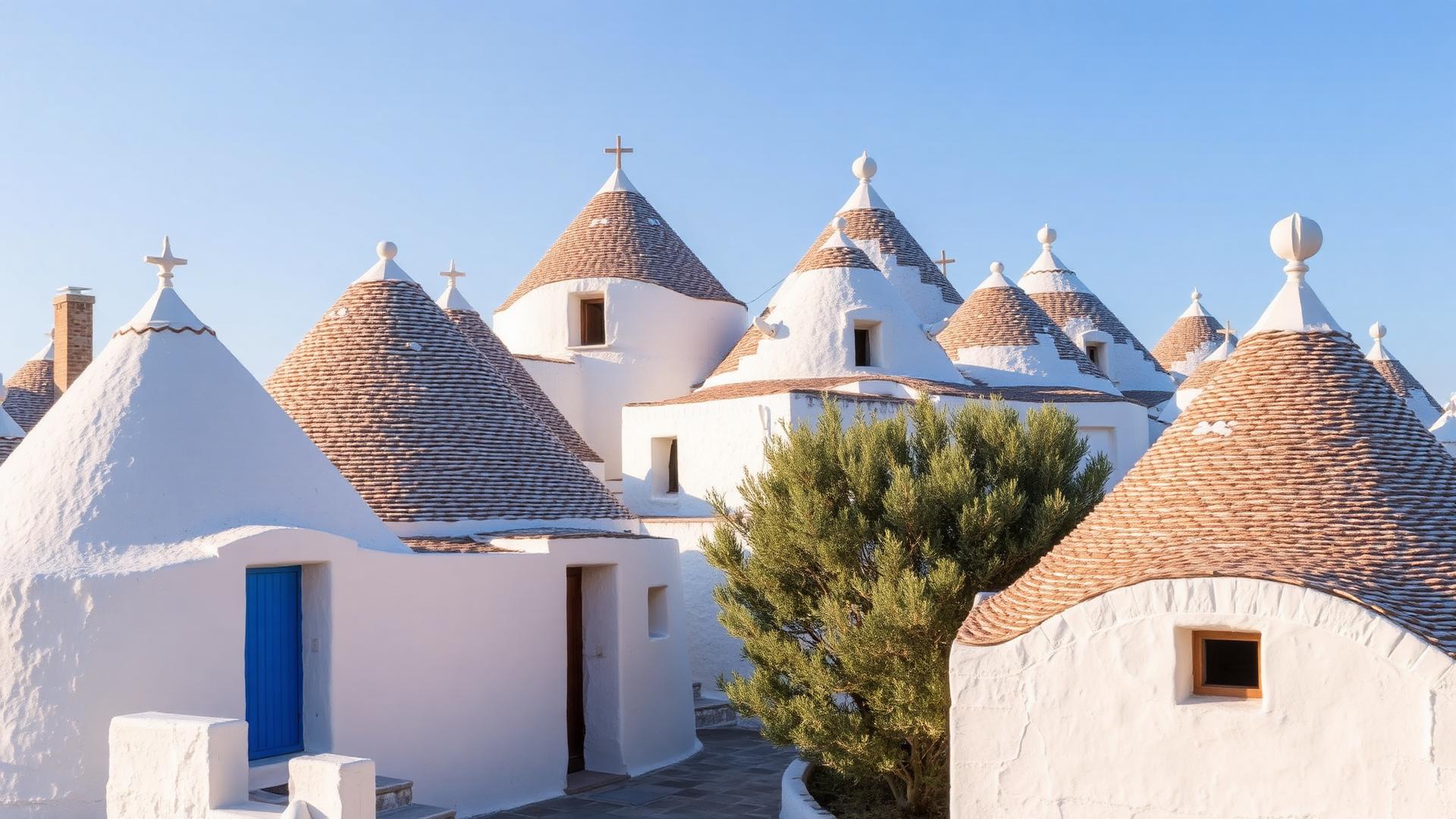 Whitewashed trulli houses with conical stone roofs in Alberobello, Puglia, in warm afternoon light