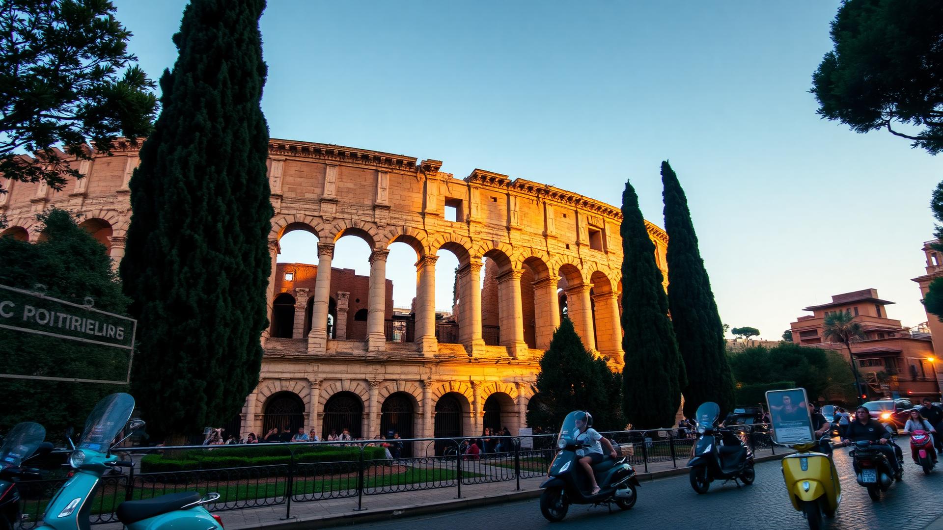 The Colosseum lit warmly at dusk framed by cypress and umbrella pines