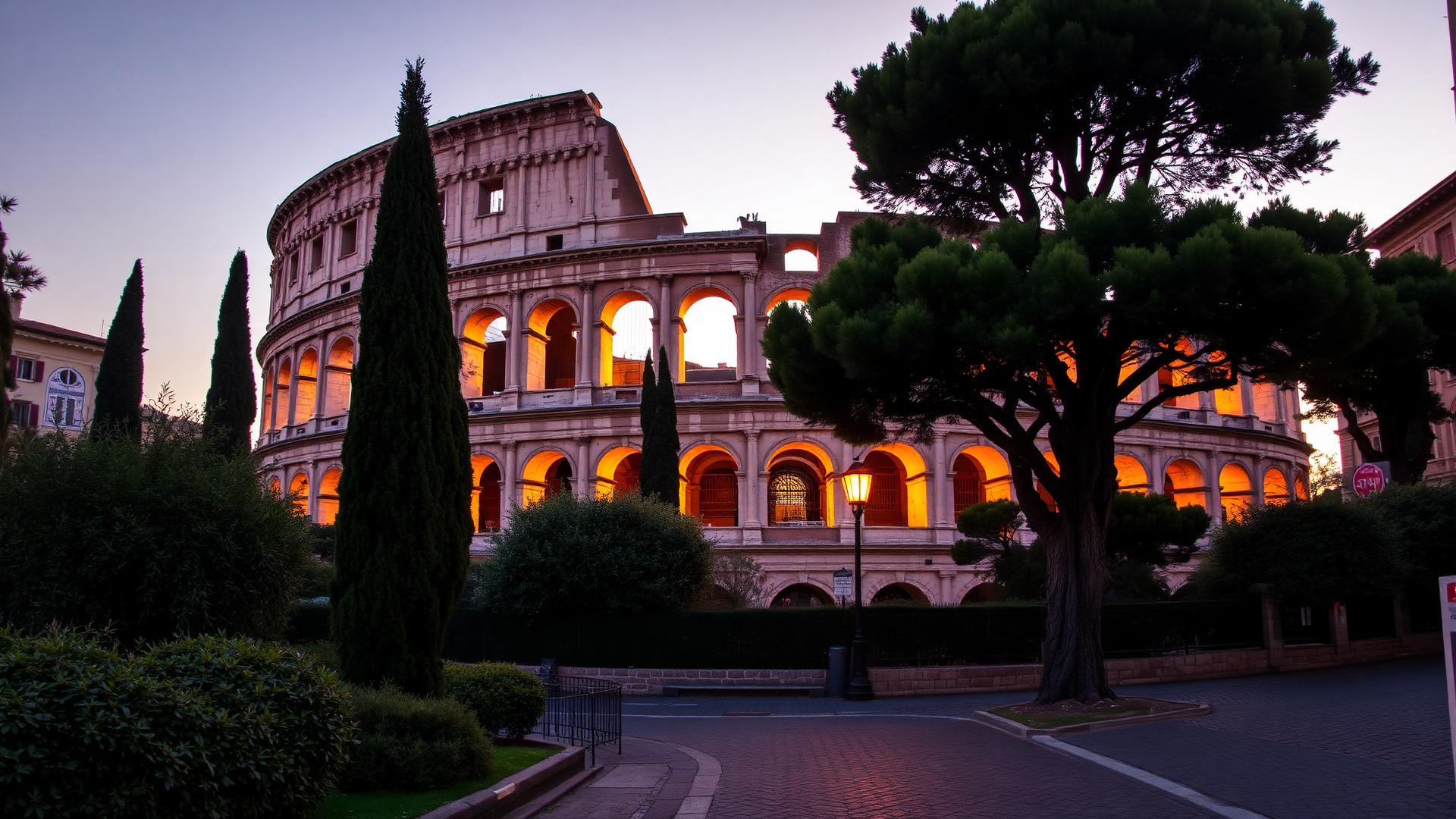 The Colosseum lit warmly at dusk framed by cypress and umbrella pines