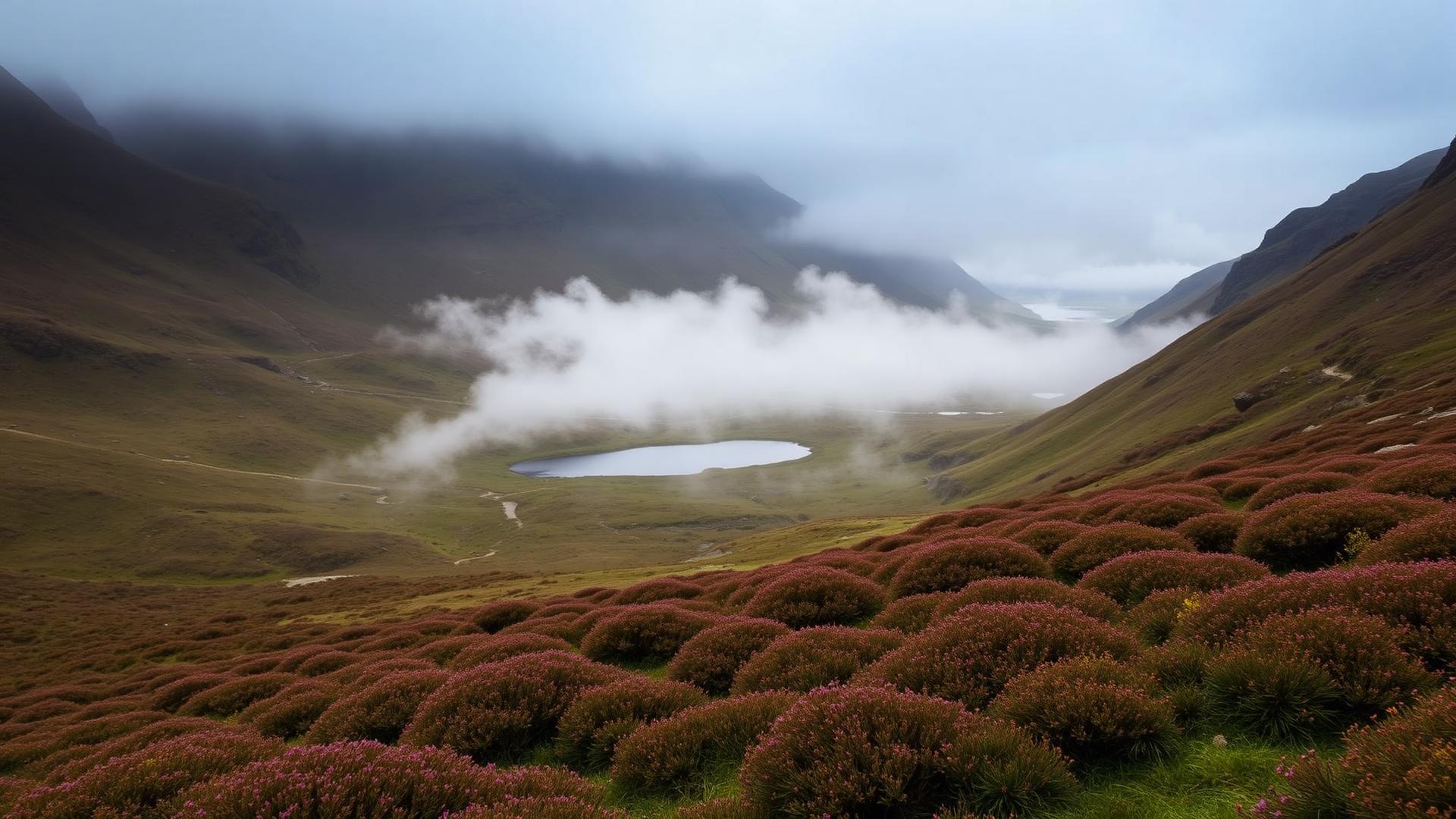 Misty Highland glen with a loch below heather-covered slopes and rugged mountains