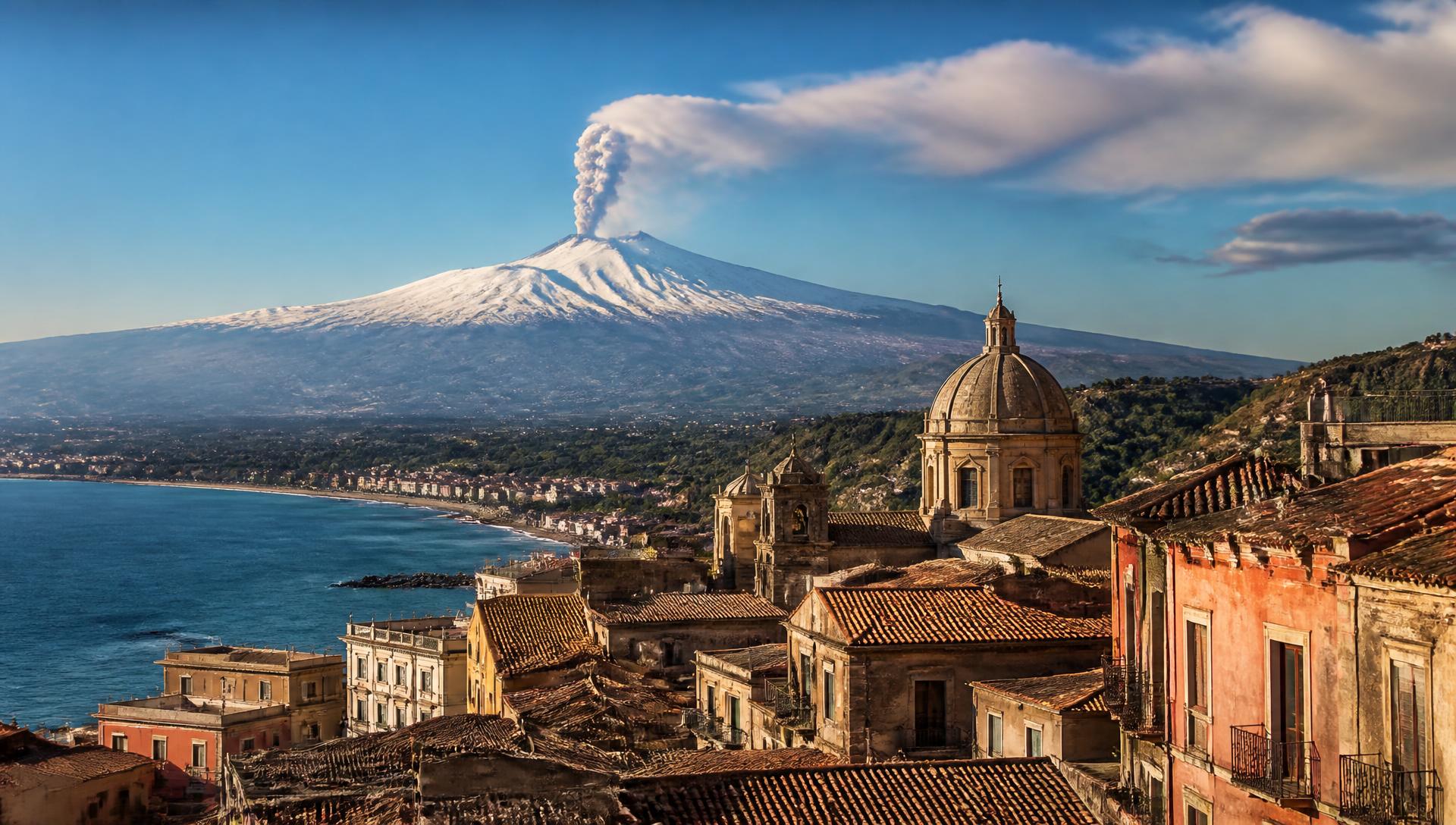 Snow-capped Mount Etna rising behind a Sicilian coastal town of terracotta rooftops