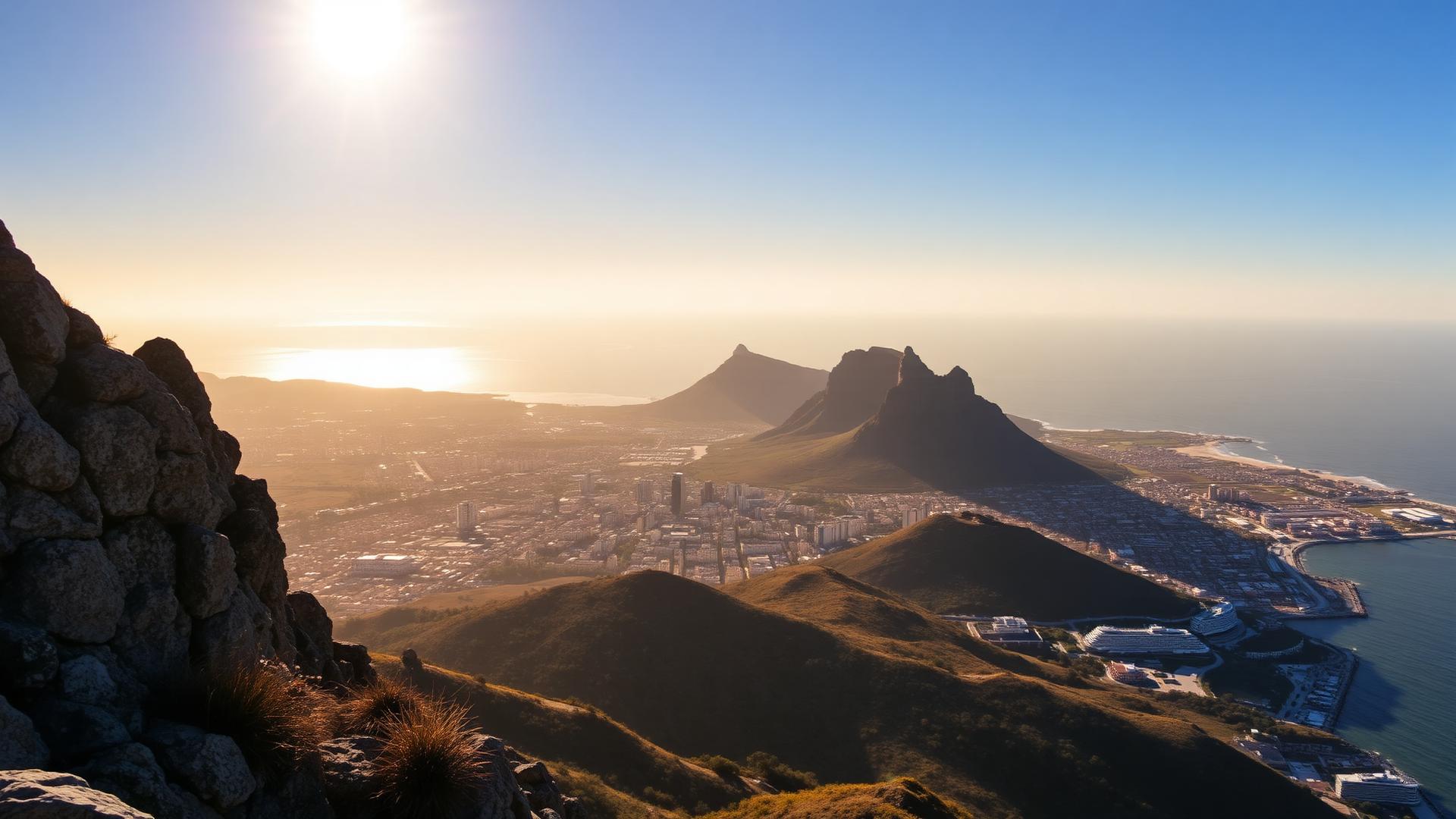 Cape Town and the Atlantic coast seen from the mountains at golden hour
