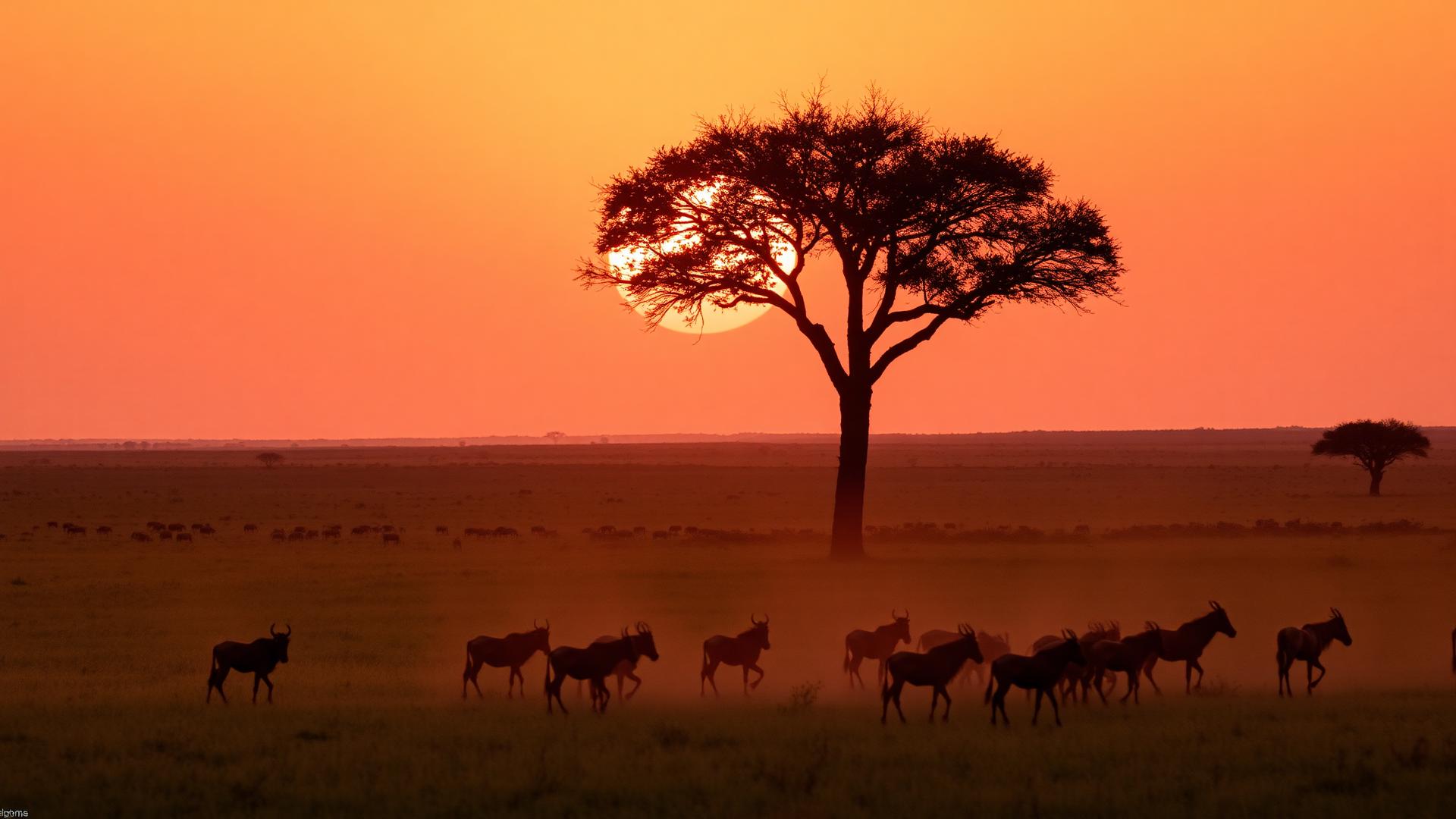 Wildebeest herd crossing the Serengeti plains at sunset beneath an acacia tree