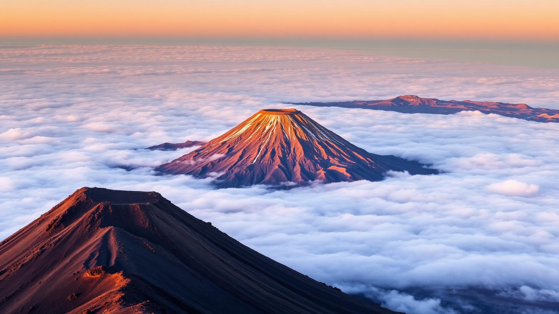 Mount Teide's volcanic cone rising above a sea of clouds at dawn in Tenerife