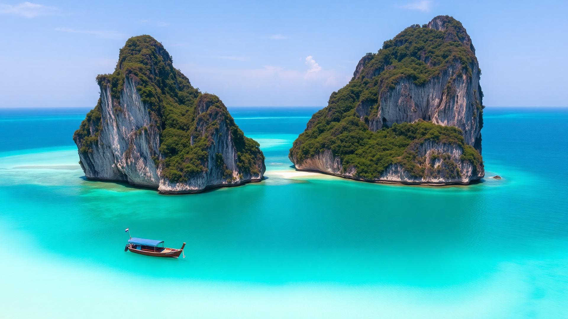 Limestone karst islands rising from turquoise water with a longtail boat in Thailand