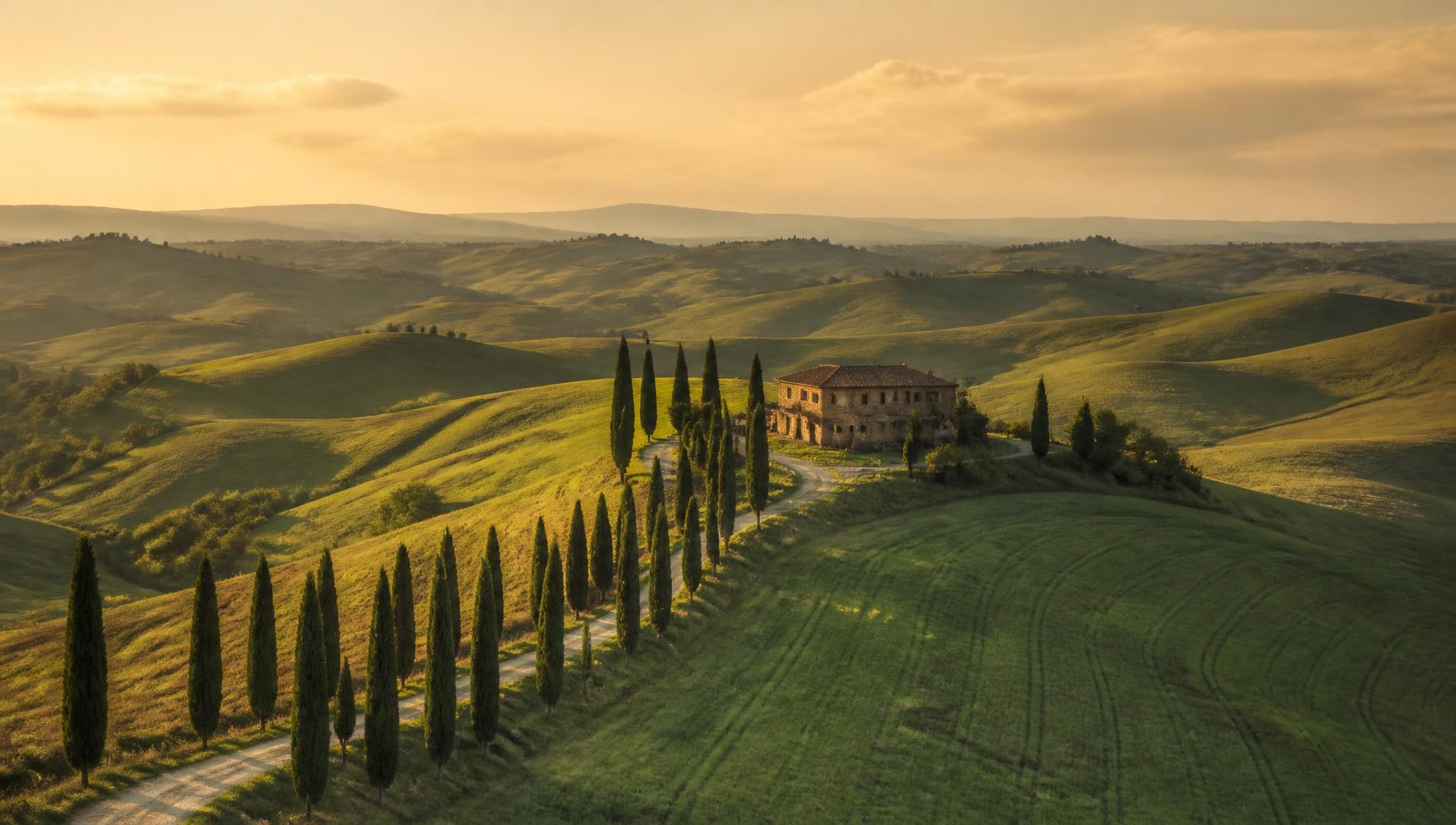 Rolling Tuscan hills with a cypress-lined road leading to a stone farmhouse at golden hour
