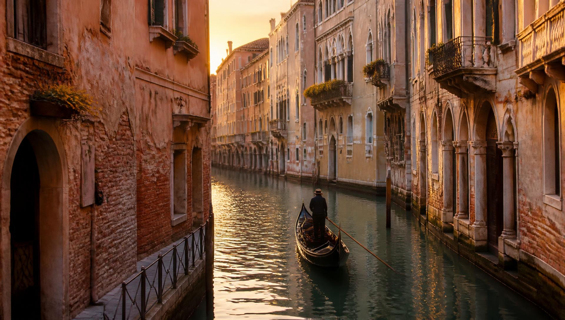A gondola on a quiet Venetian side canal at golden hour between weathered palazzo facades