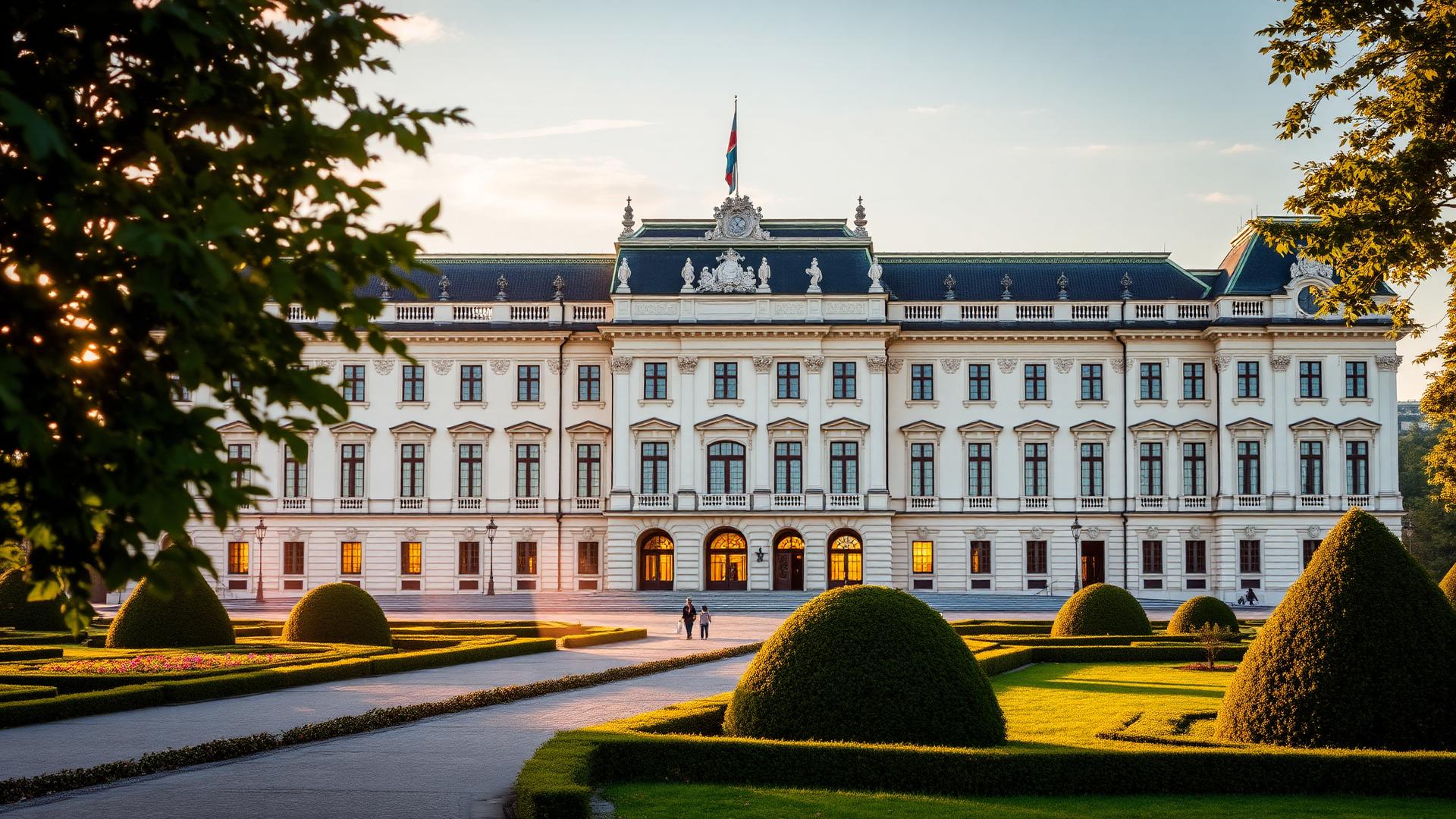 An imperial baroque palace facade in Vienna with formal box-hedge gardens at golden hour